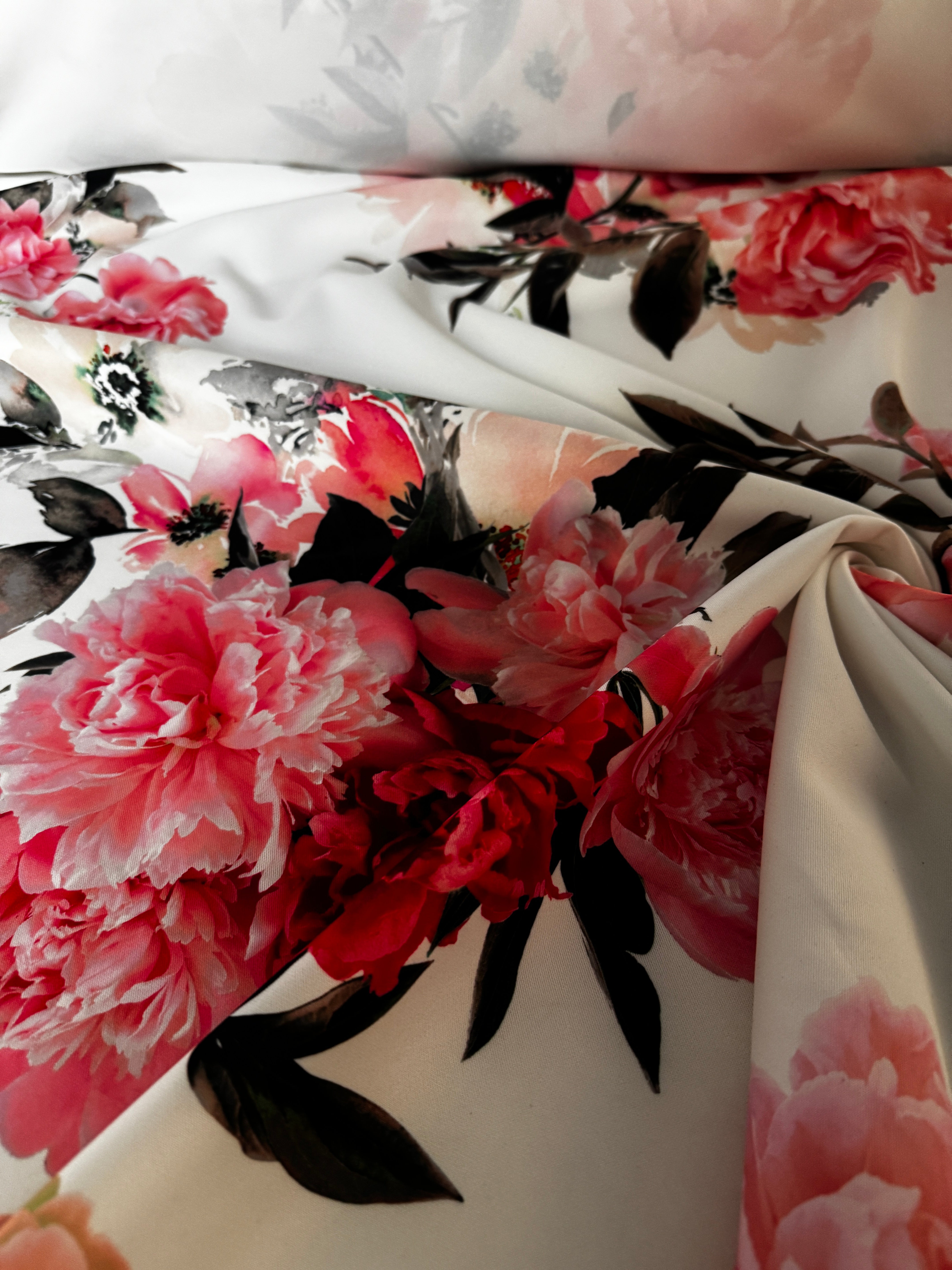 Elegant Blush Peony Floral Scuba Fabric on Soft Cream – 149cm Wide