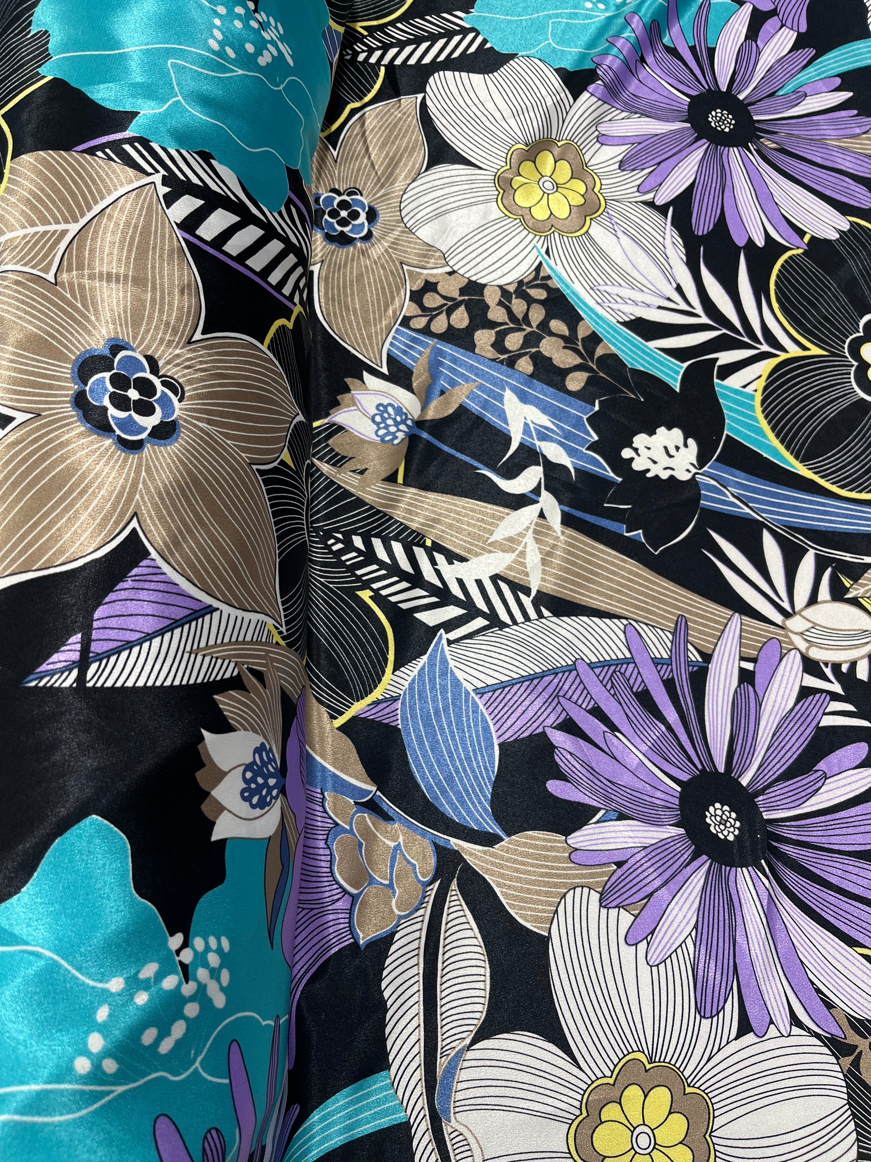 Black Satin Floral Fabric Purple Teal Gold Flower Print Dress Craft 143cm Wide