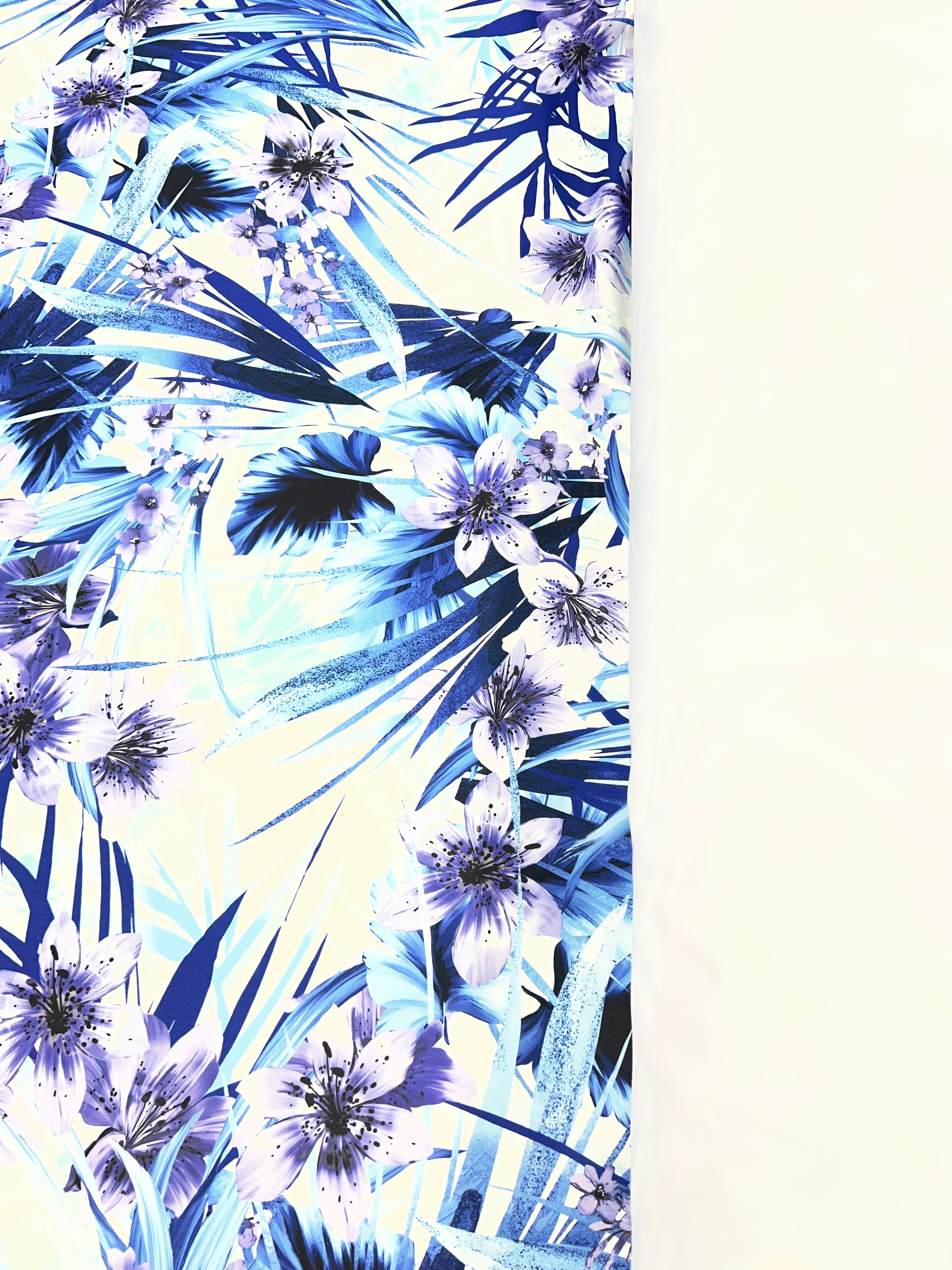 Blue Tropical Floral Scuba Fabric – Lilies & Palm Leaf Print