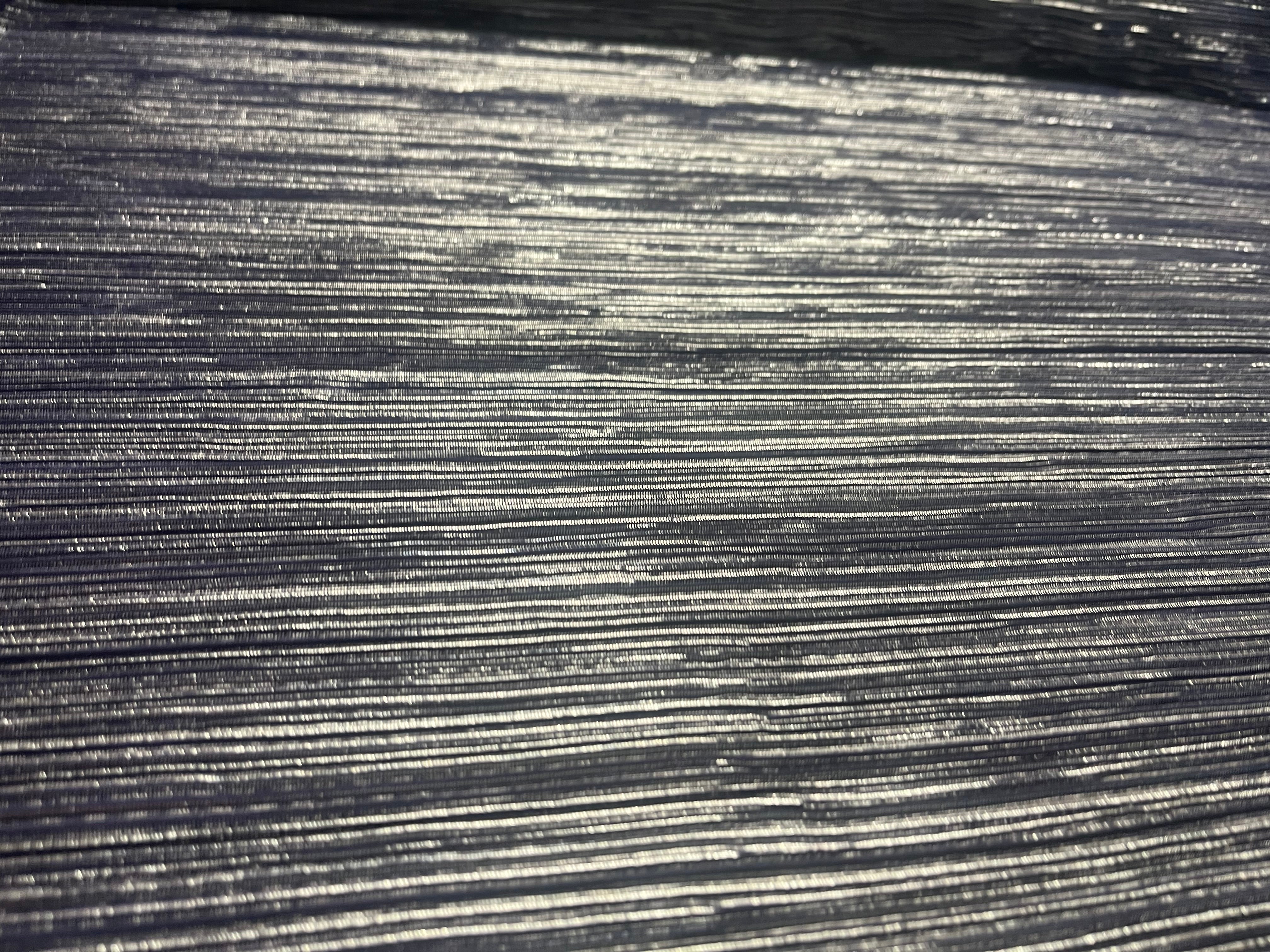 Midnight Navy & Silver Shimmer Metallic Plissé Fabric – fine midnight navy pleats with silver metallic shimmer