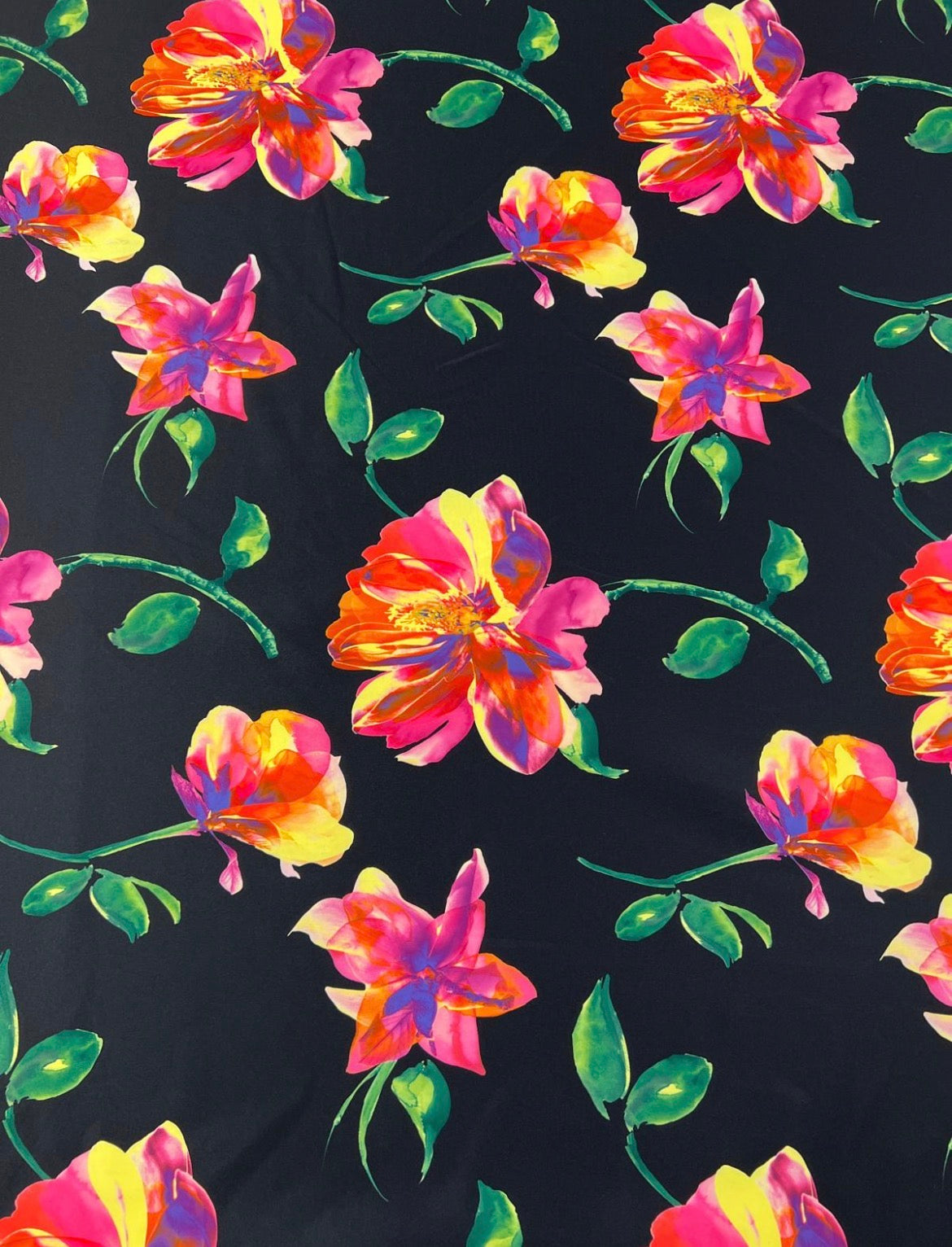 Black Vibrant Watercolour Floral Scuba Crepe Fabric