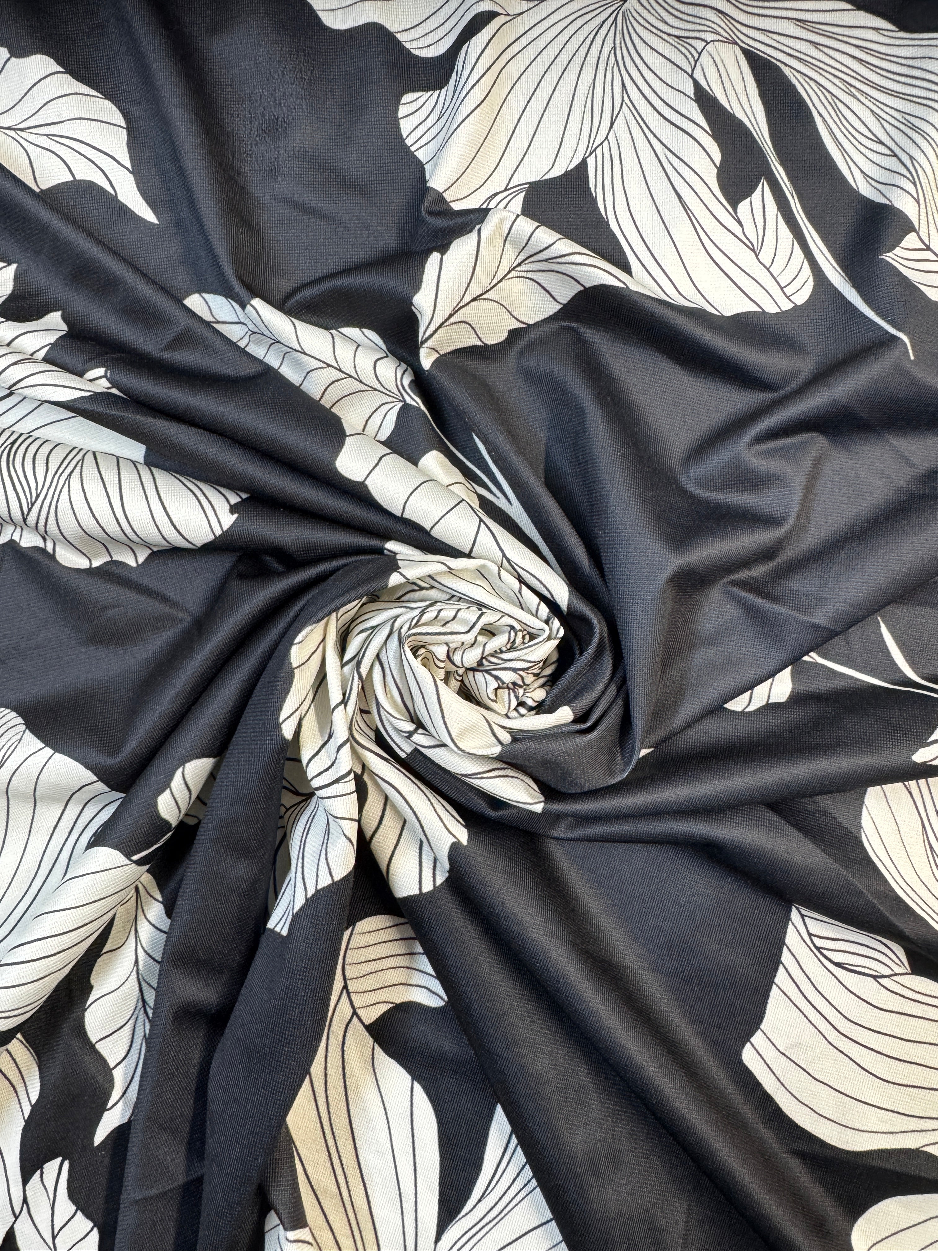 Black & White Floral Slinky Fabric – Soft Touch Stretch Jersey, 149cm Wide
