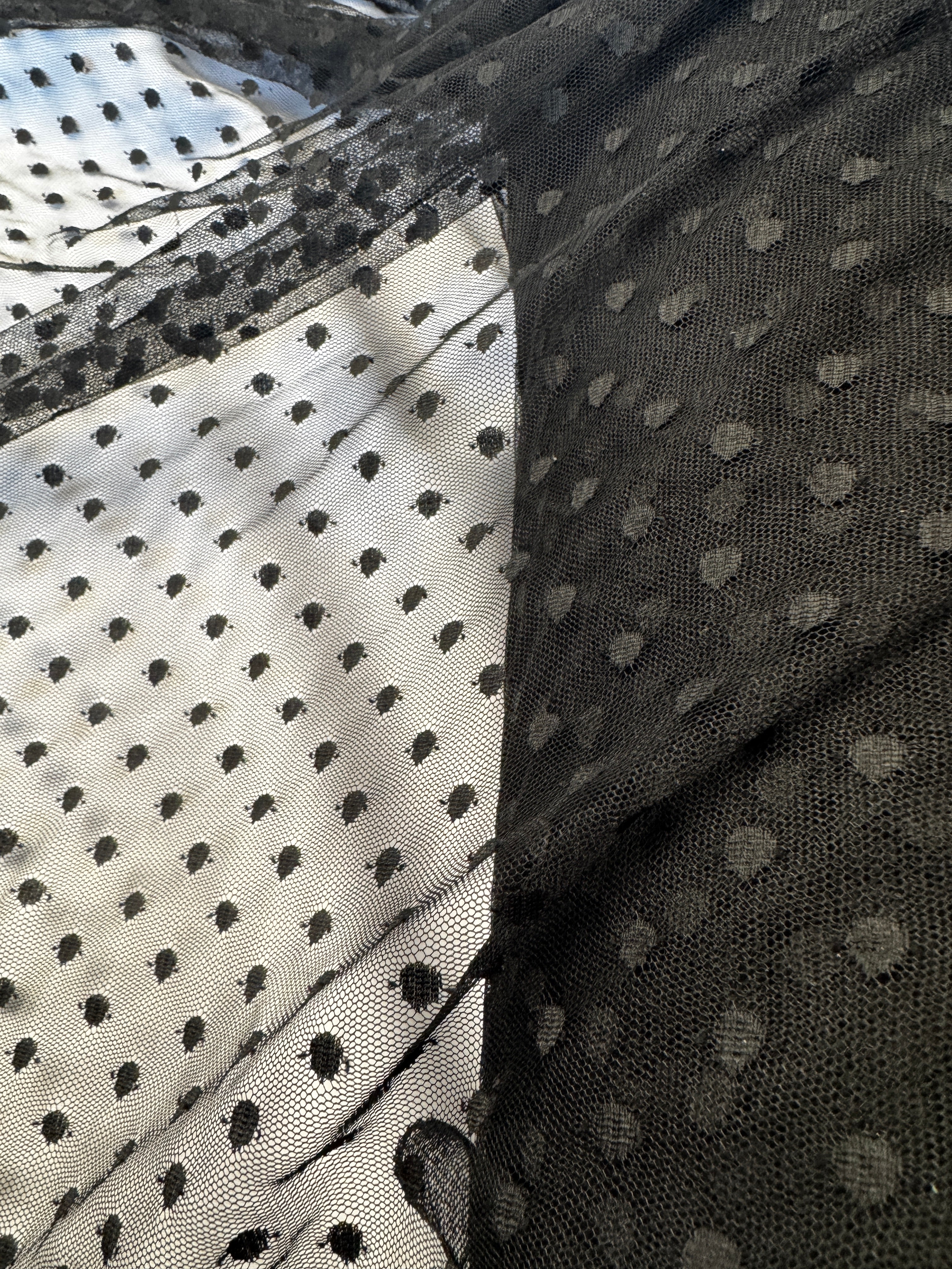 Black Flocked Polka Dot Dobby Mesh Two-Way Stretch, 135cm Wide