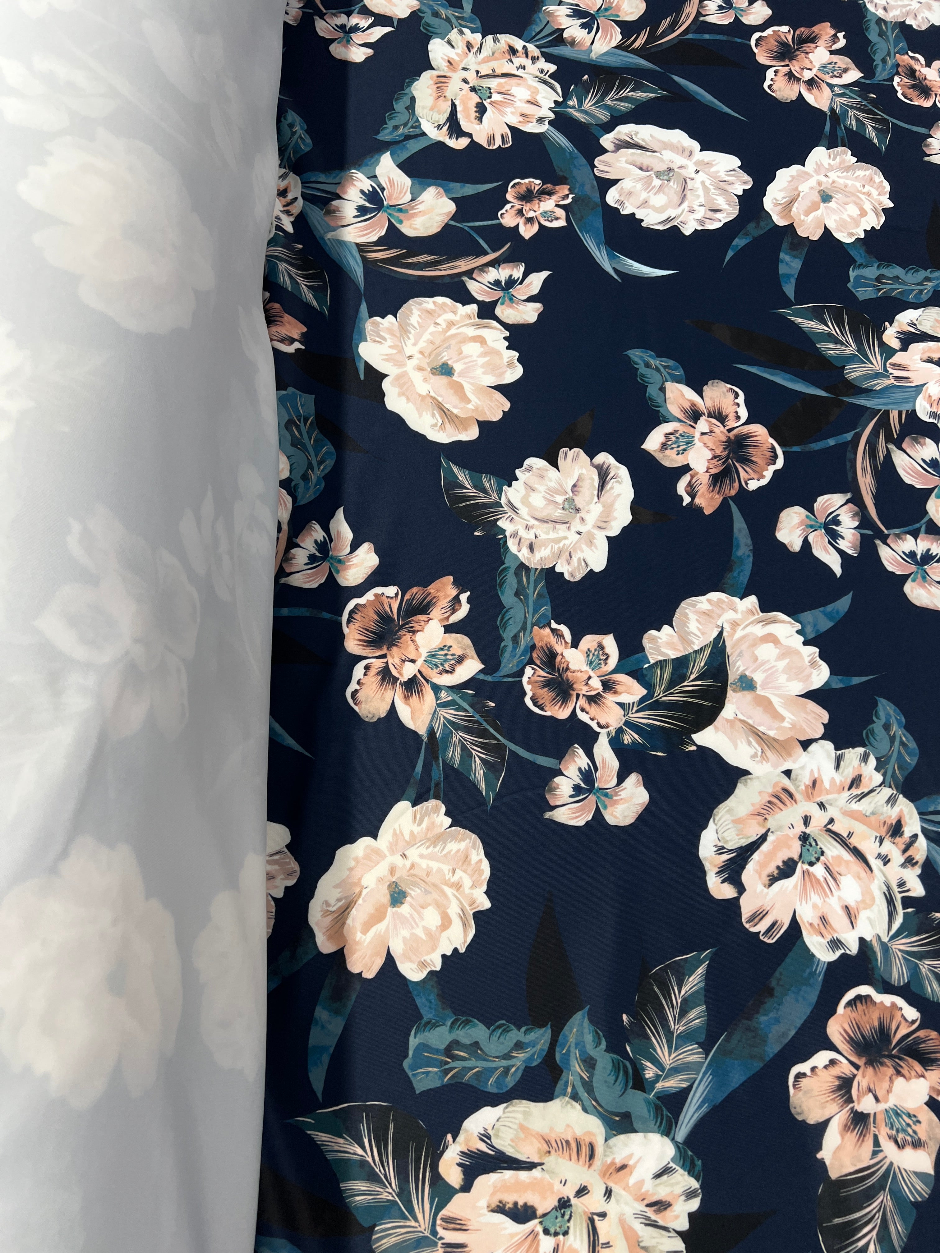 Peach Blossom Floral Scuba Fabric – Navy Blue & Teal