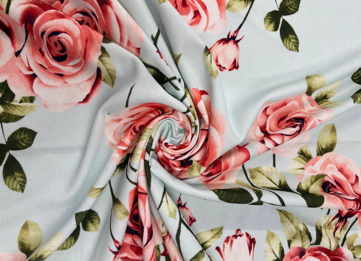 Blush Pink Rose Floral Liverpool Fabric – Soft Blue & Green