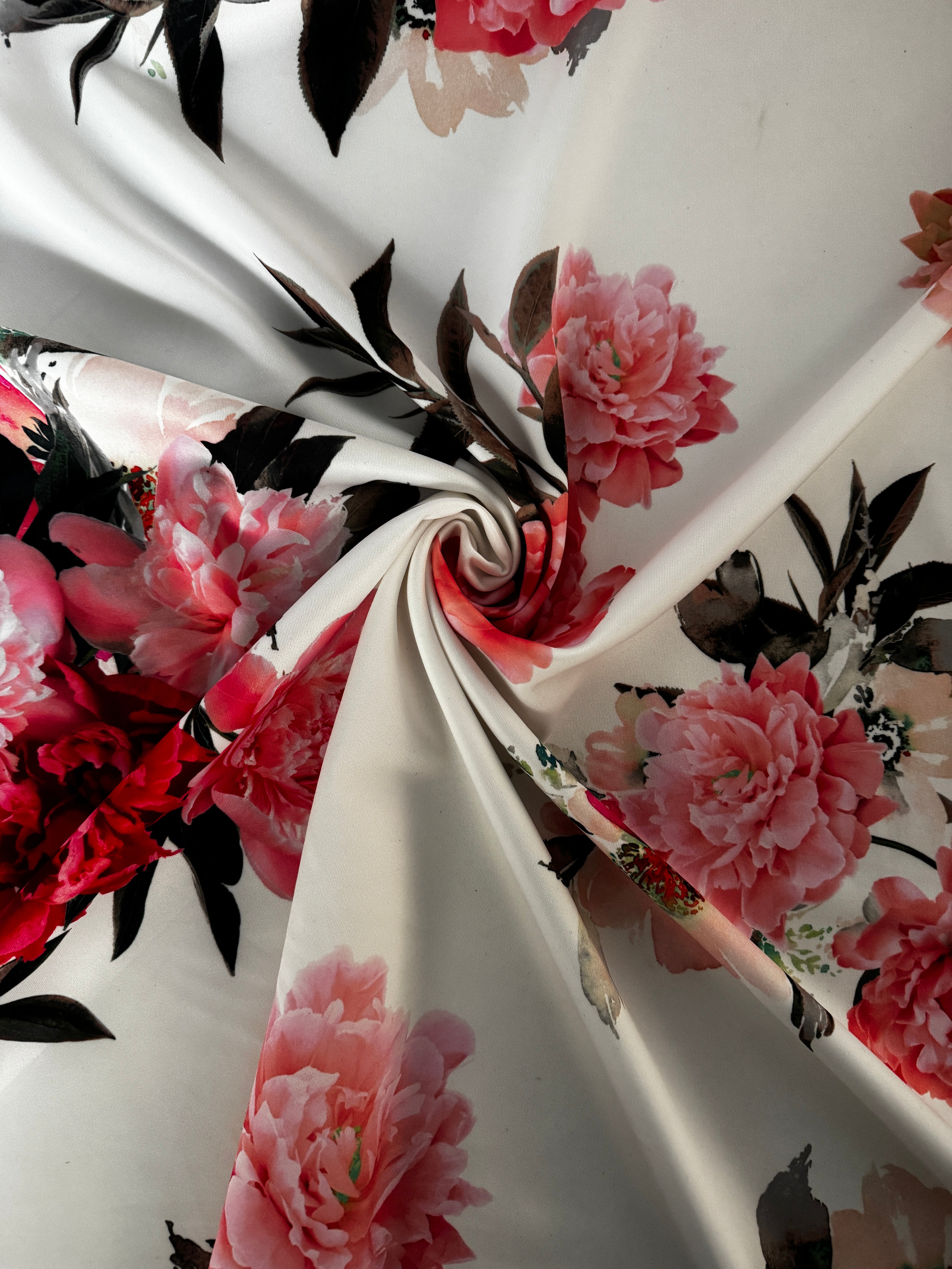 Elegant Blush Peony Floral Scuba Fabric on Soft Cream – 149cm Wide