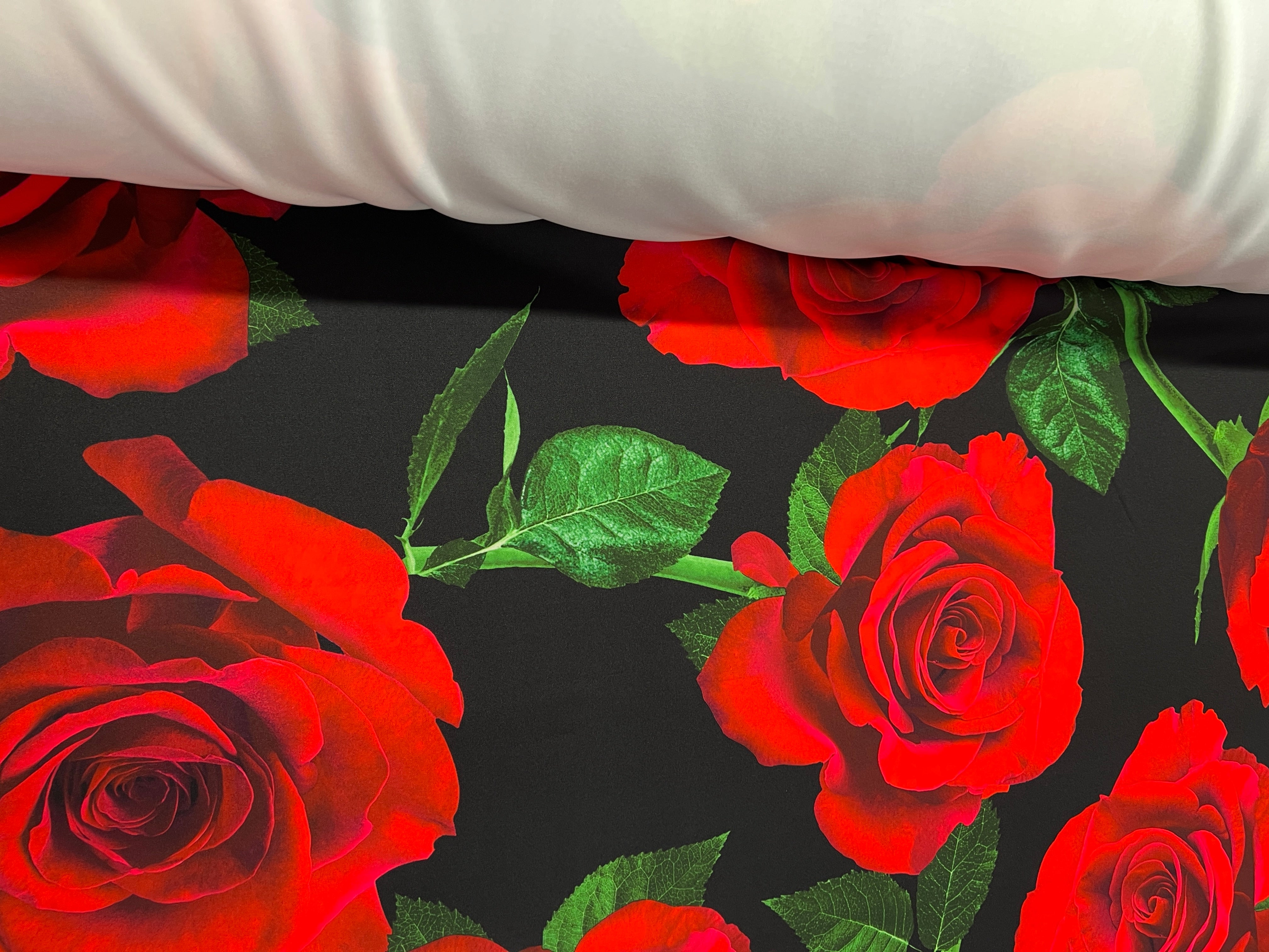 Scarlet Red Rose Floral Scuba Crepe Fabric – Black & Green