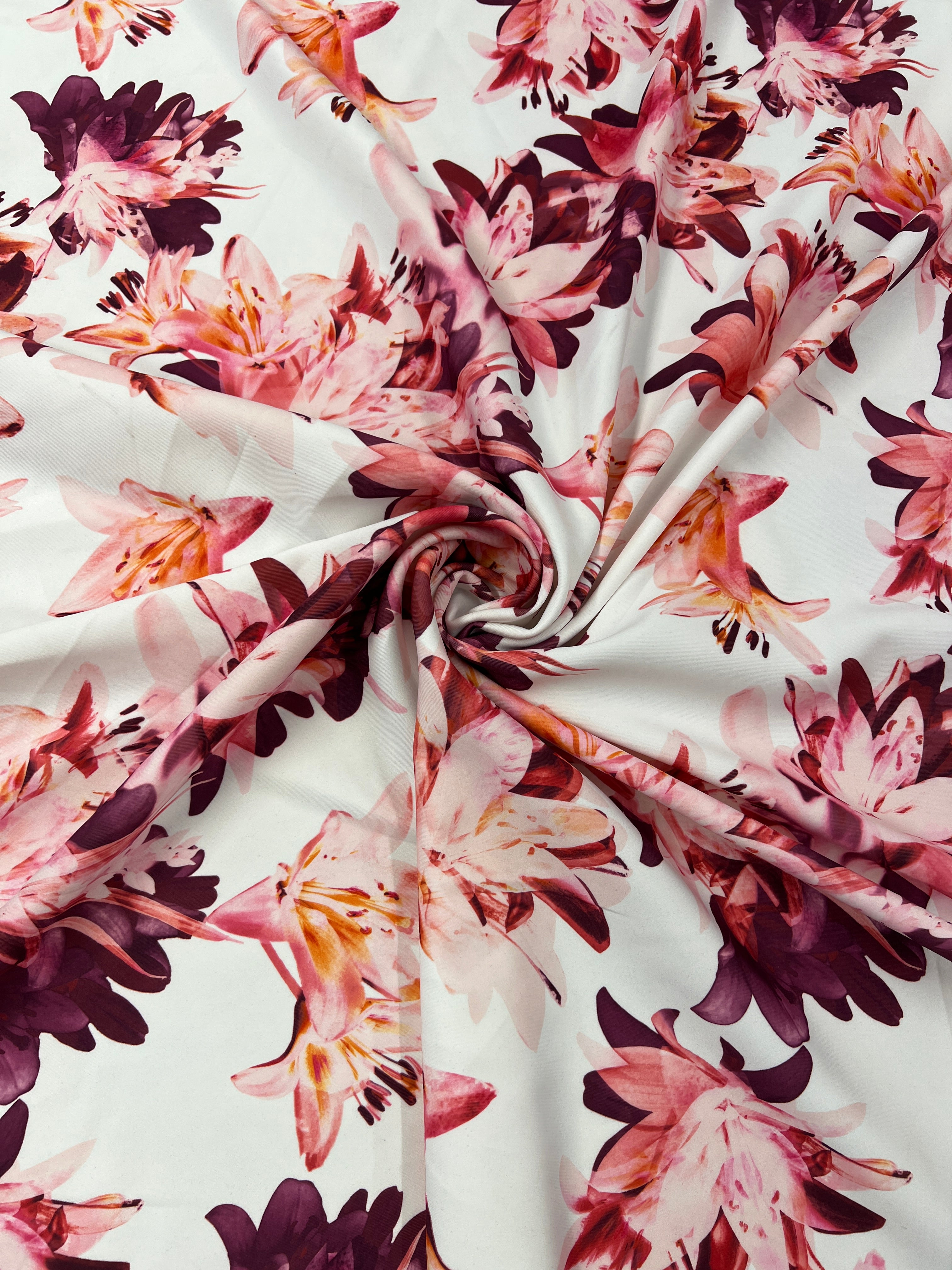 Pink Lily Floral Scuba Fabric – Burgundy & Blush Flower Print