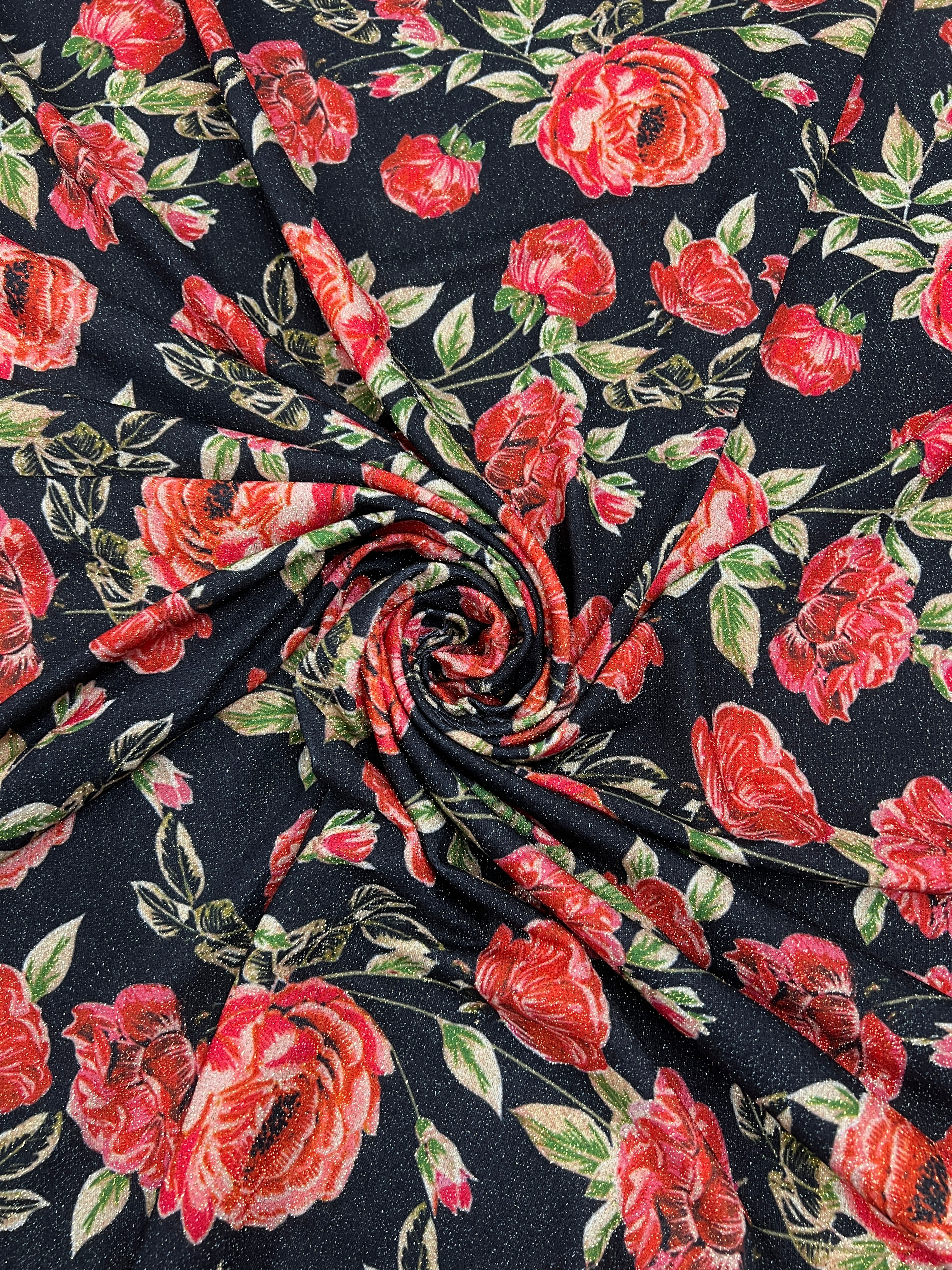Valentino Crepe Glitter Fabric – Red Rose Floral