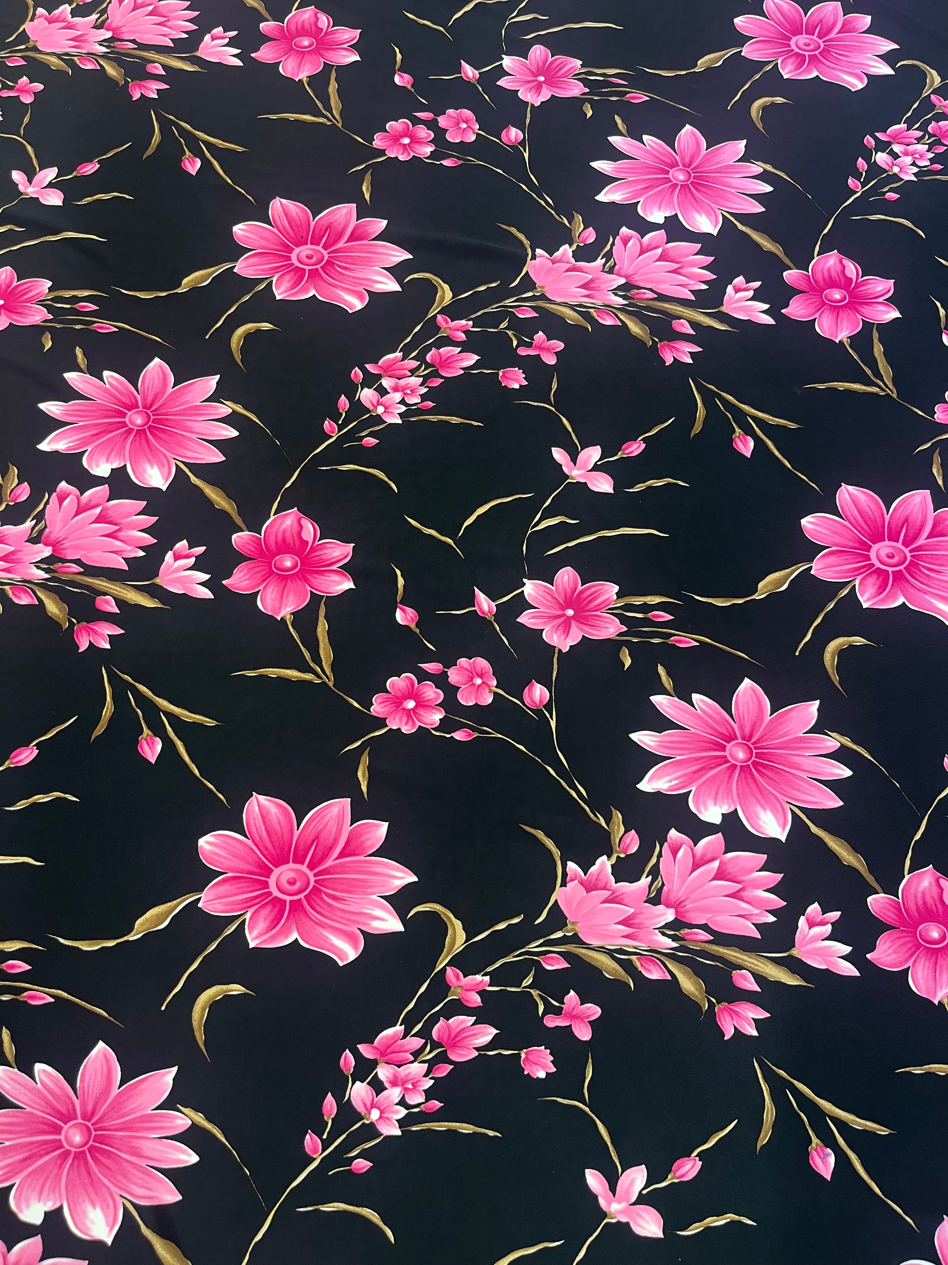 Black & Fuchsia Floral Soft Touch Slinky Fabric 143cm wide