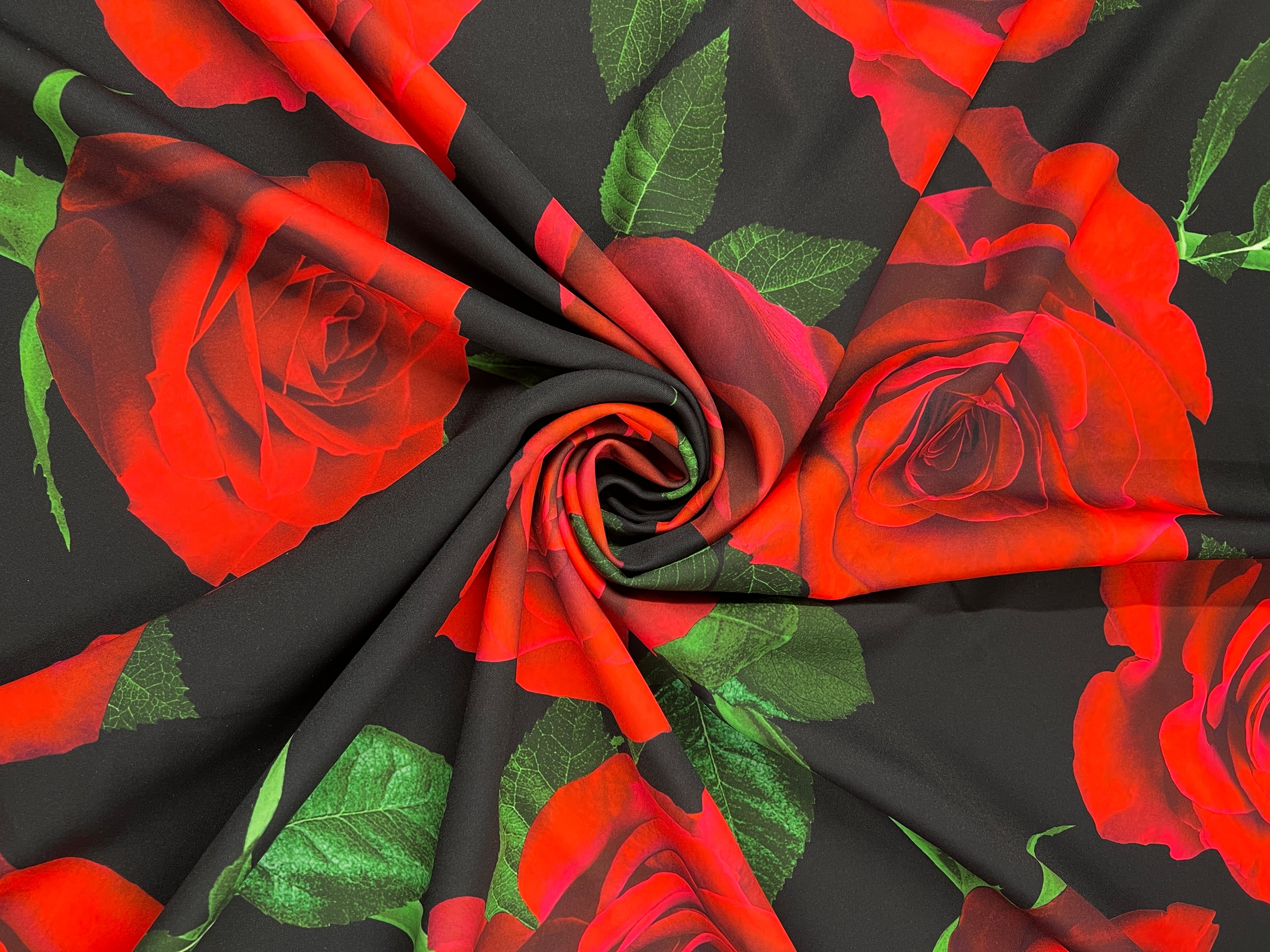 Scarlet Red Rose Floral Scuba Crepe Fabric – Black & Green