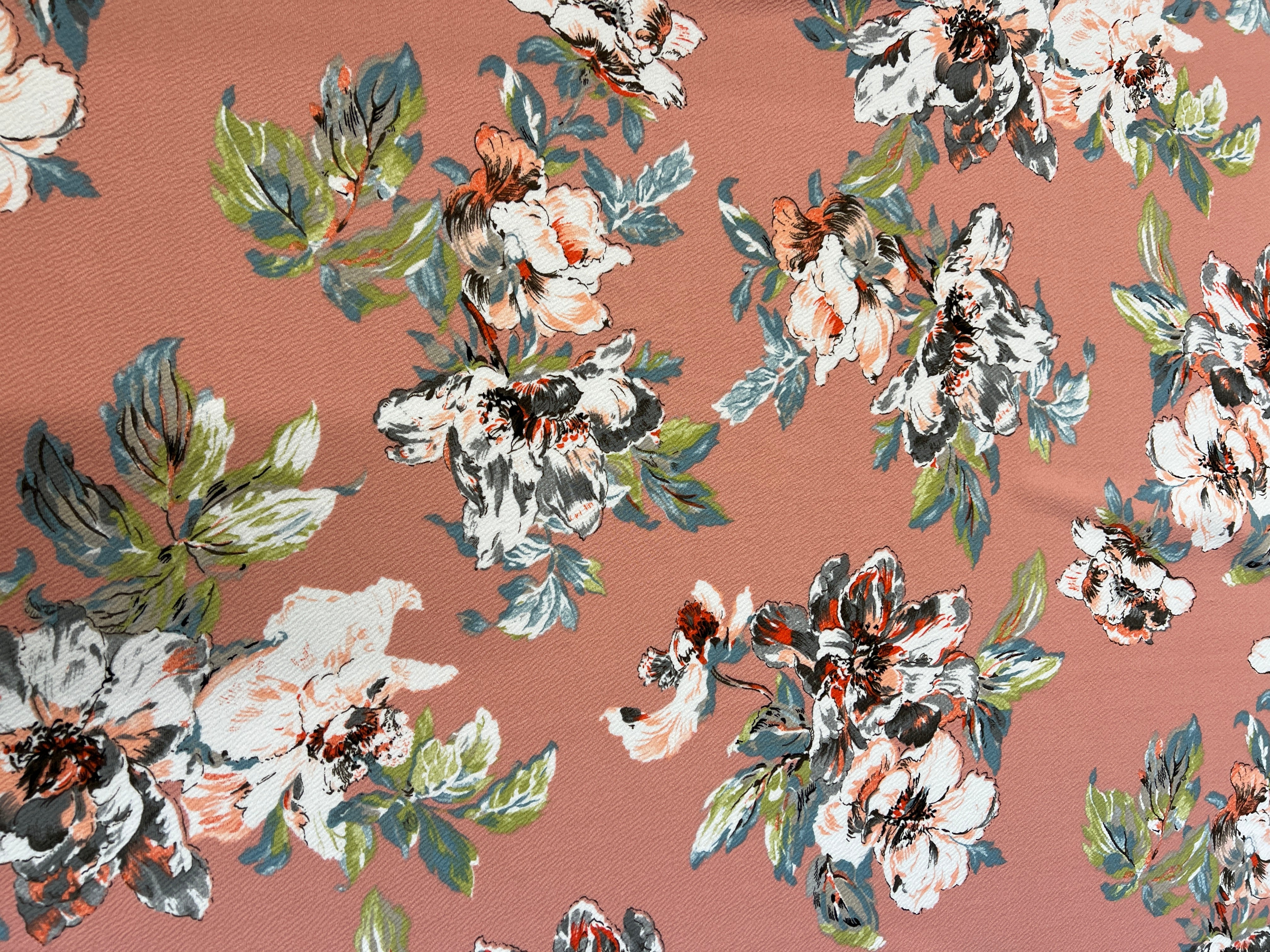 Dusty Rose & Ivory Painterly Floral Liverpool Knit Fabric – ivory and charcoal painterly flowers with sage leaves on a dusty rose ground