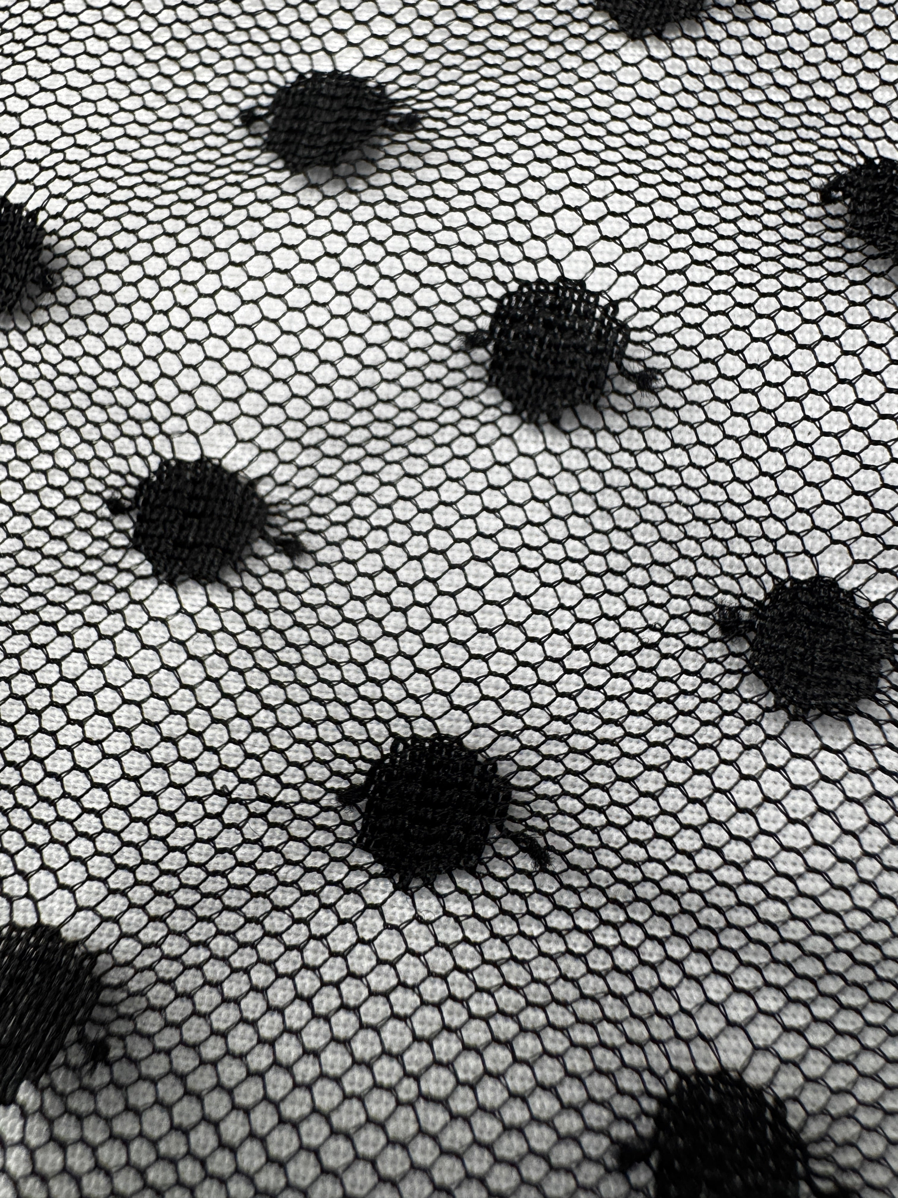Black Flocked Polka Dot Dobby Mesh Two-Way Stretch, 135cm Wide