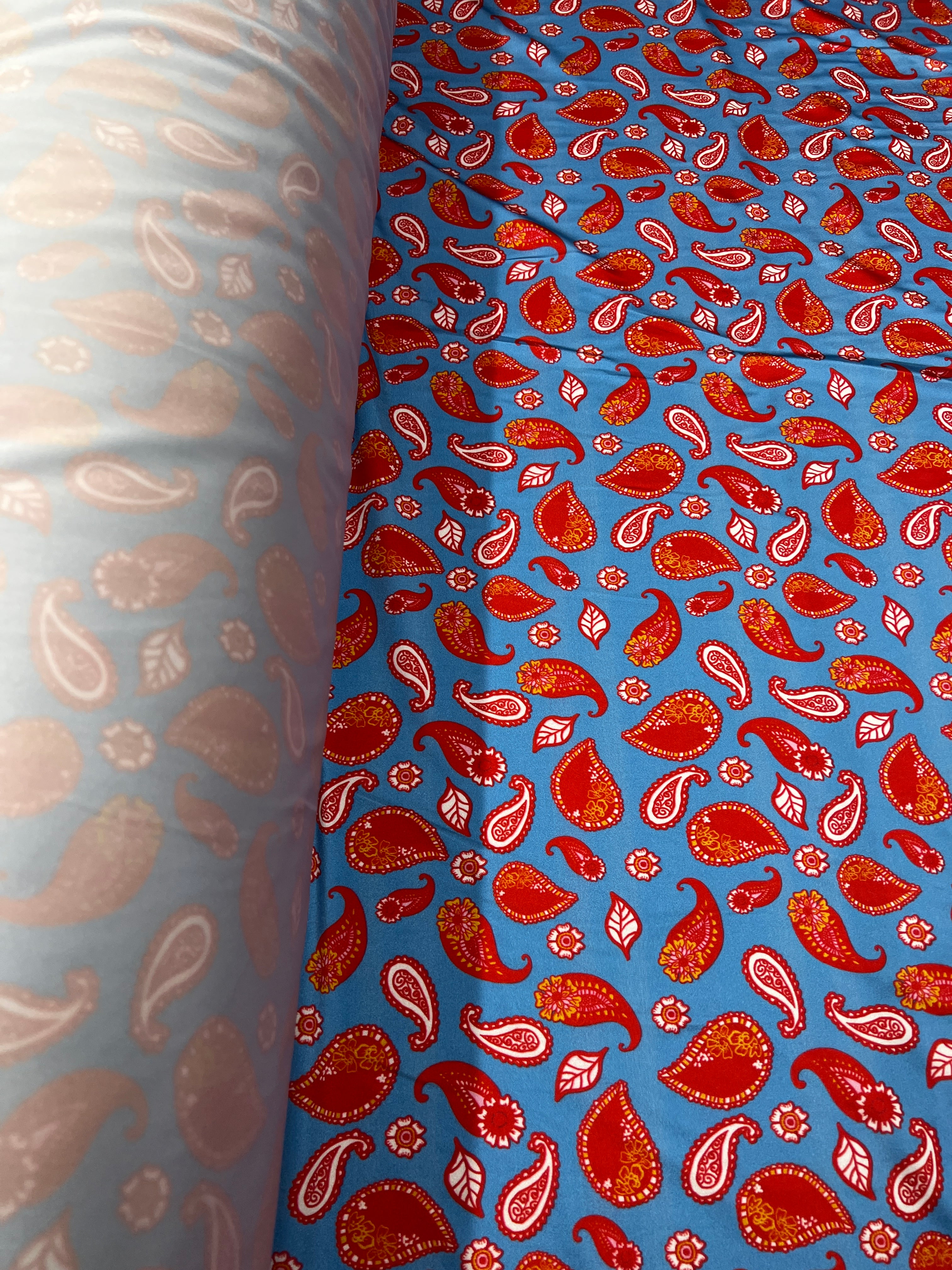 Blue Paisley Disco Fabric Red & White Paisely Stretch Disco Material-150cm Wide