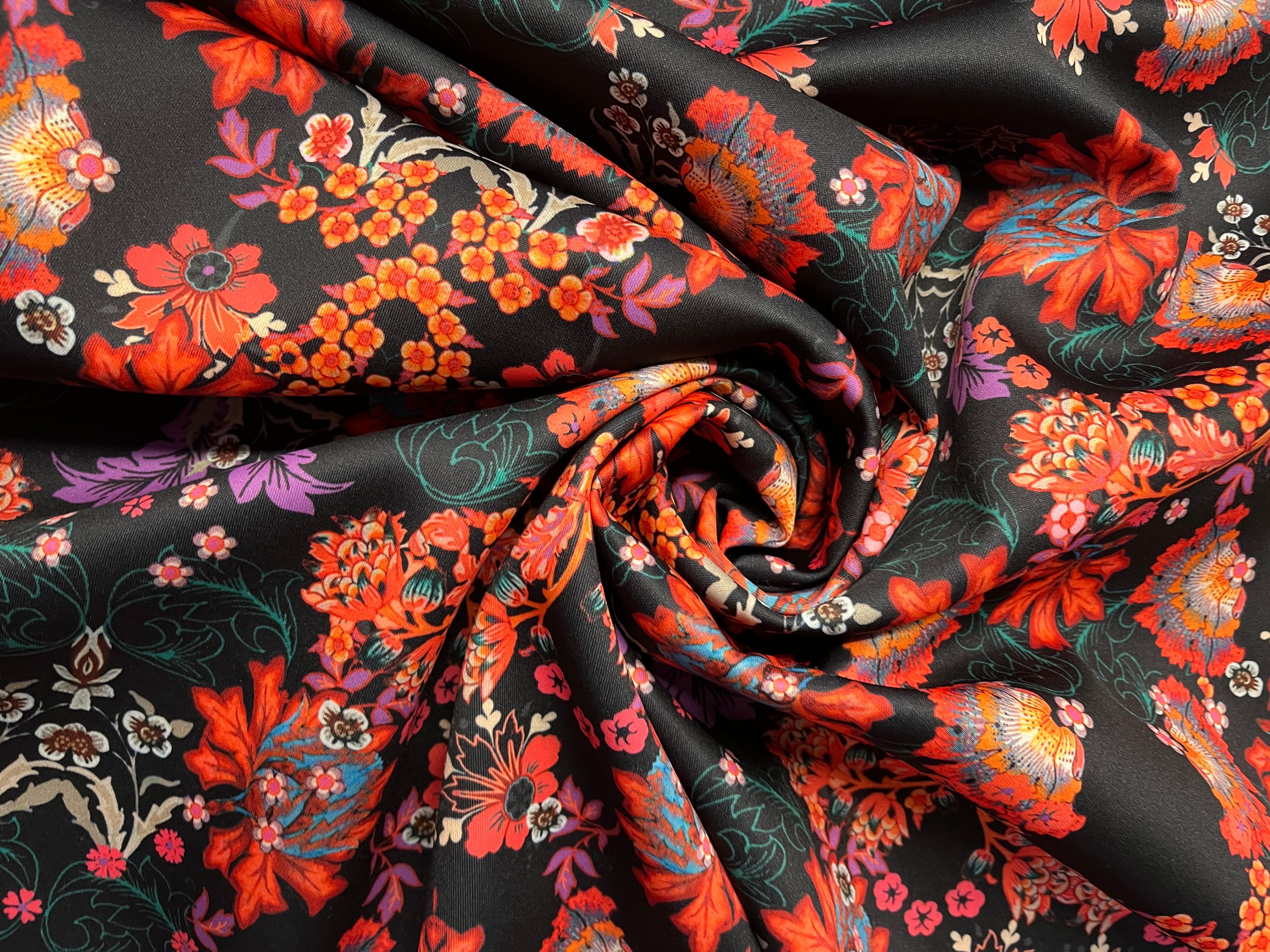 Black Floral Scuba Fabric – Red & Multicolor Floral Stretch Scuba Material for Dresses & Statement Apparel 130cm
