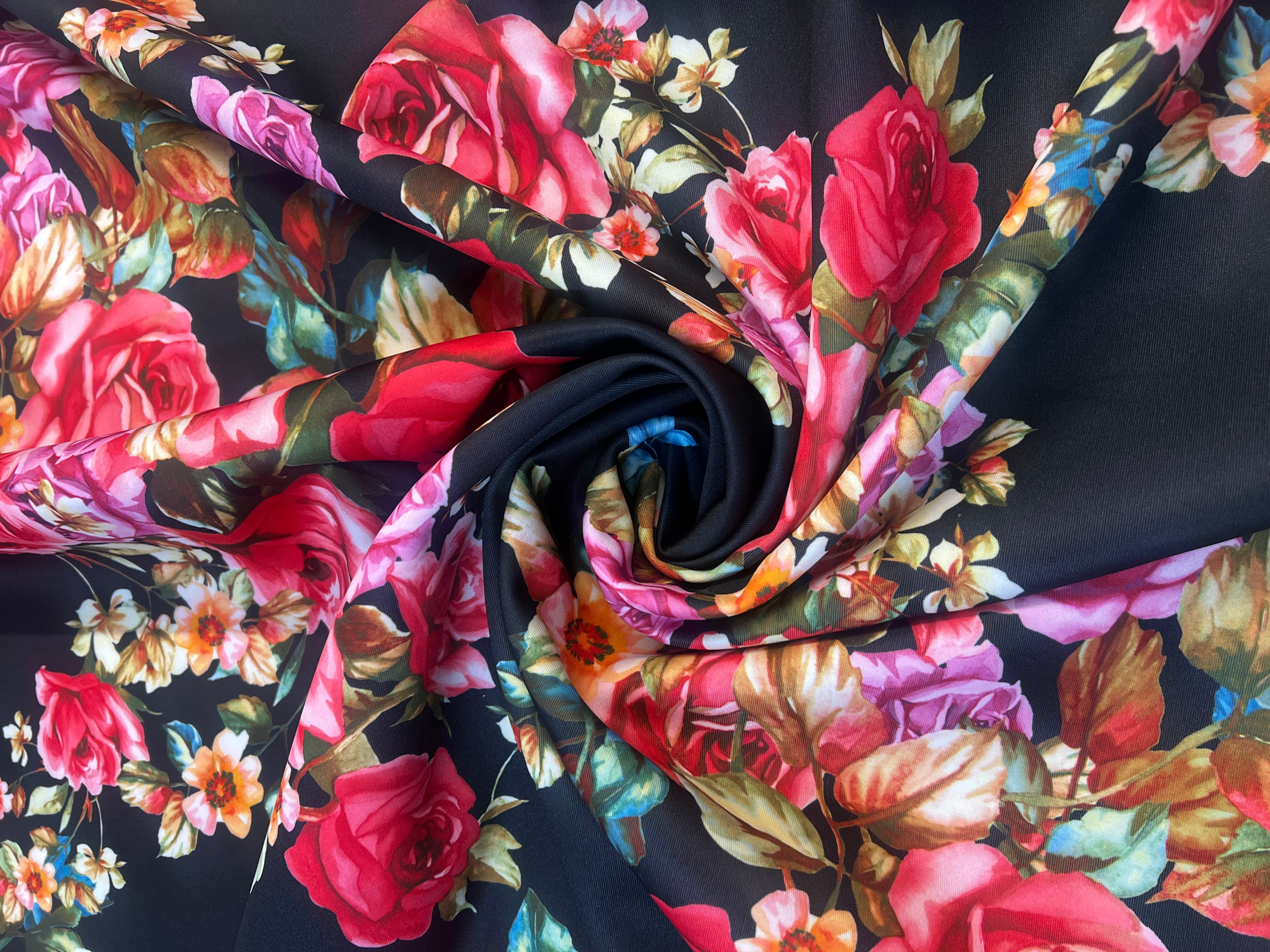 Black Multi Floral Scuba Fabric – Rose Print Stretch Scuba, 155cm Wide Dress Fabric