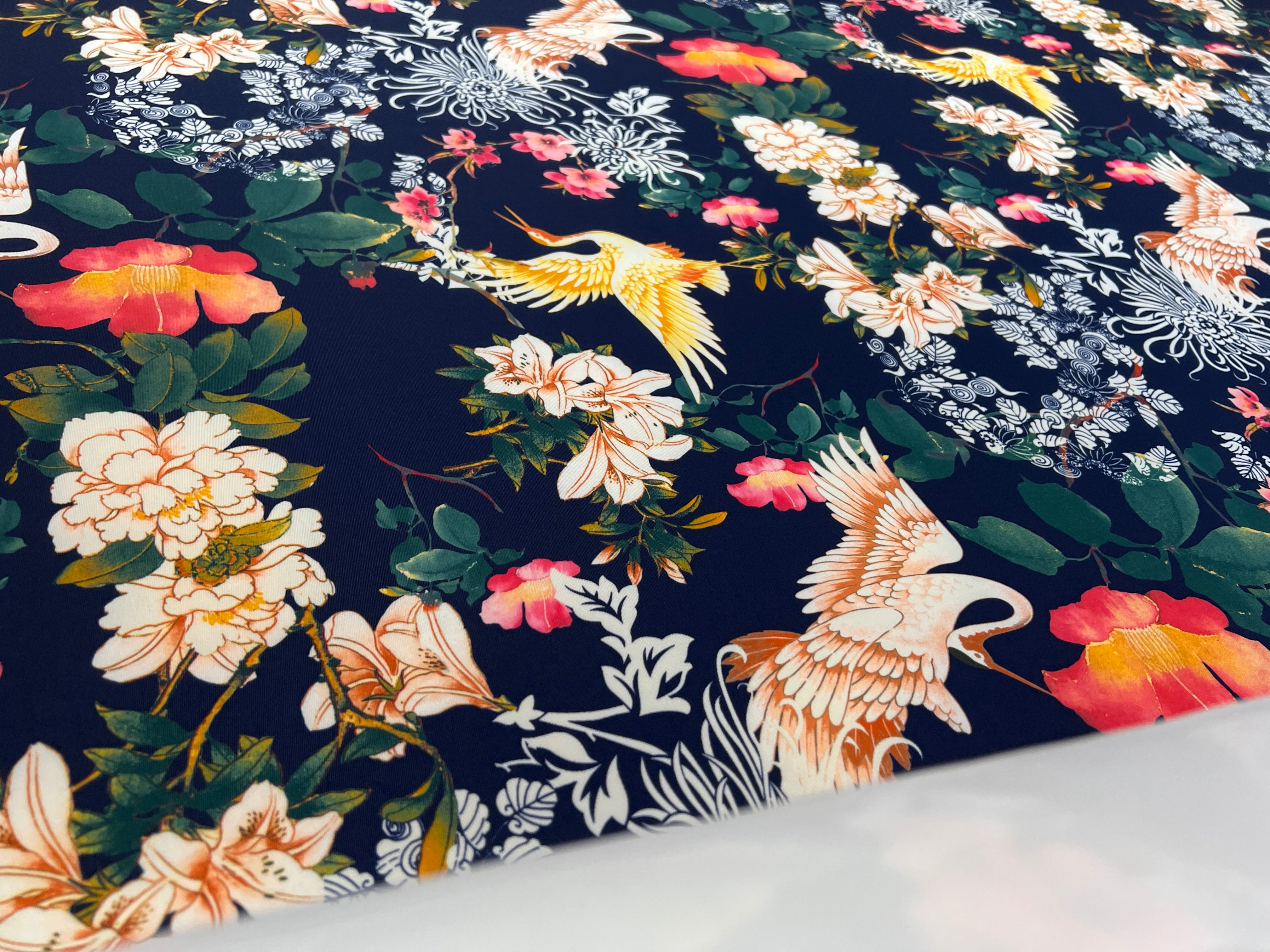 Navy Oriental Crane Floral Scuba Fabric – Japanese Botanical Print
