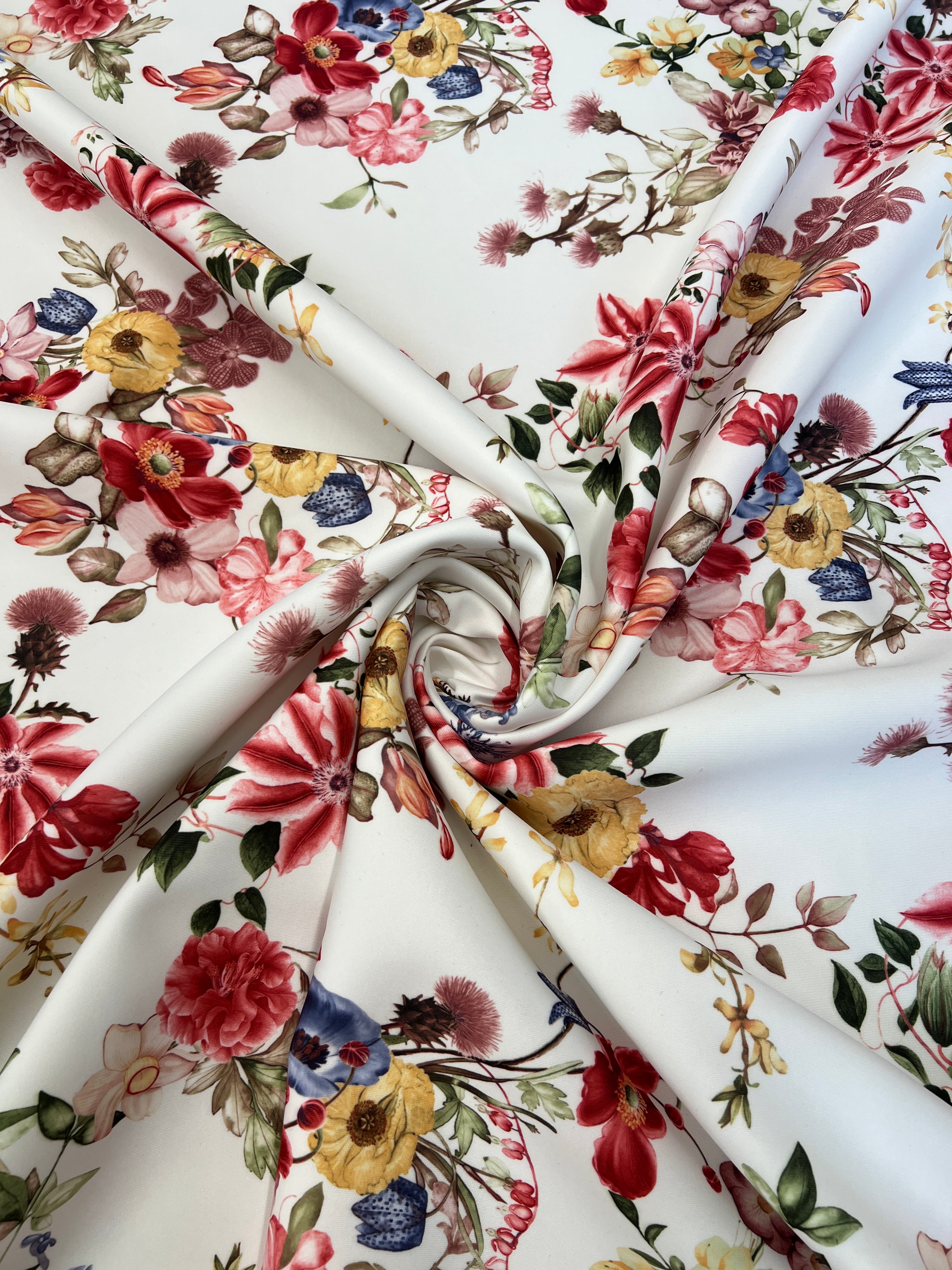Ivory Botanical Floral Scuba Fabric – Vintage Wildflower Print