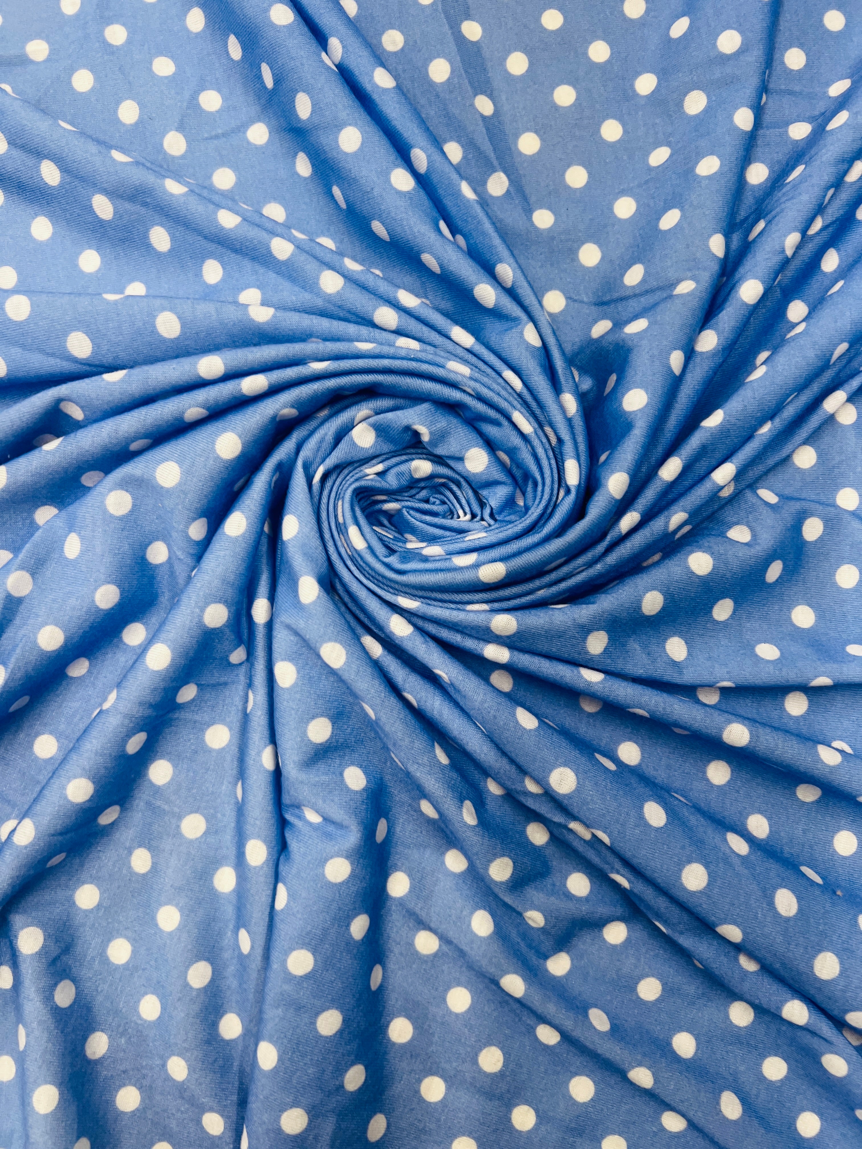 Blue Polka Dot Fabric Spun Polyester Blend Dress Craft Material 148cm Wide