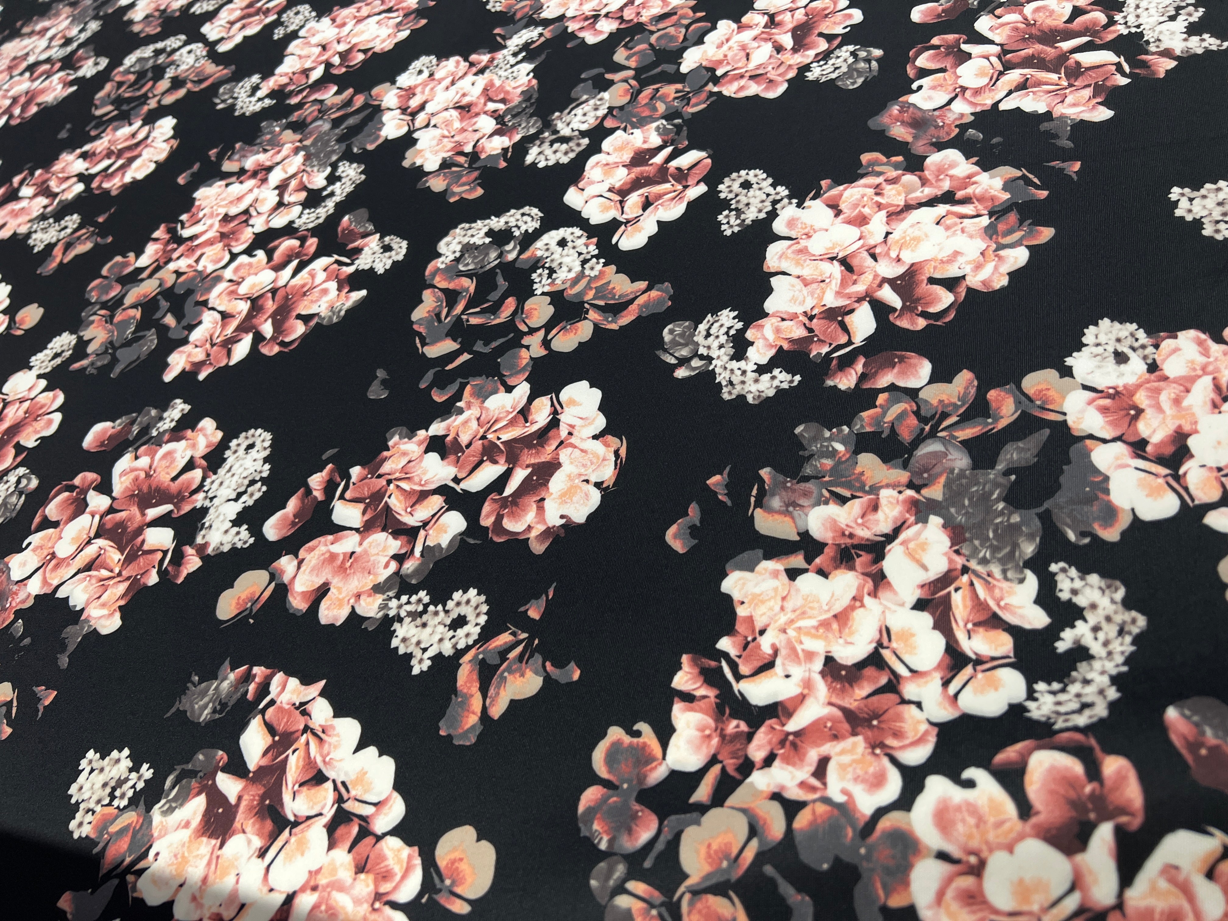 Blush Hydrangea Floral Scuba Fabric – Black, Pink & Ivory