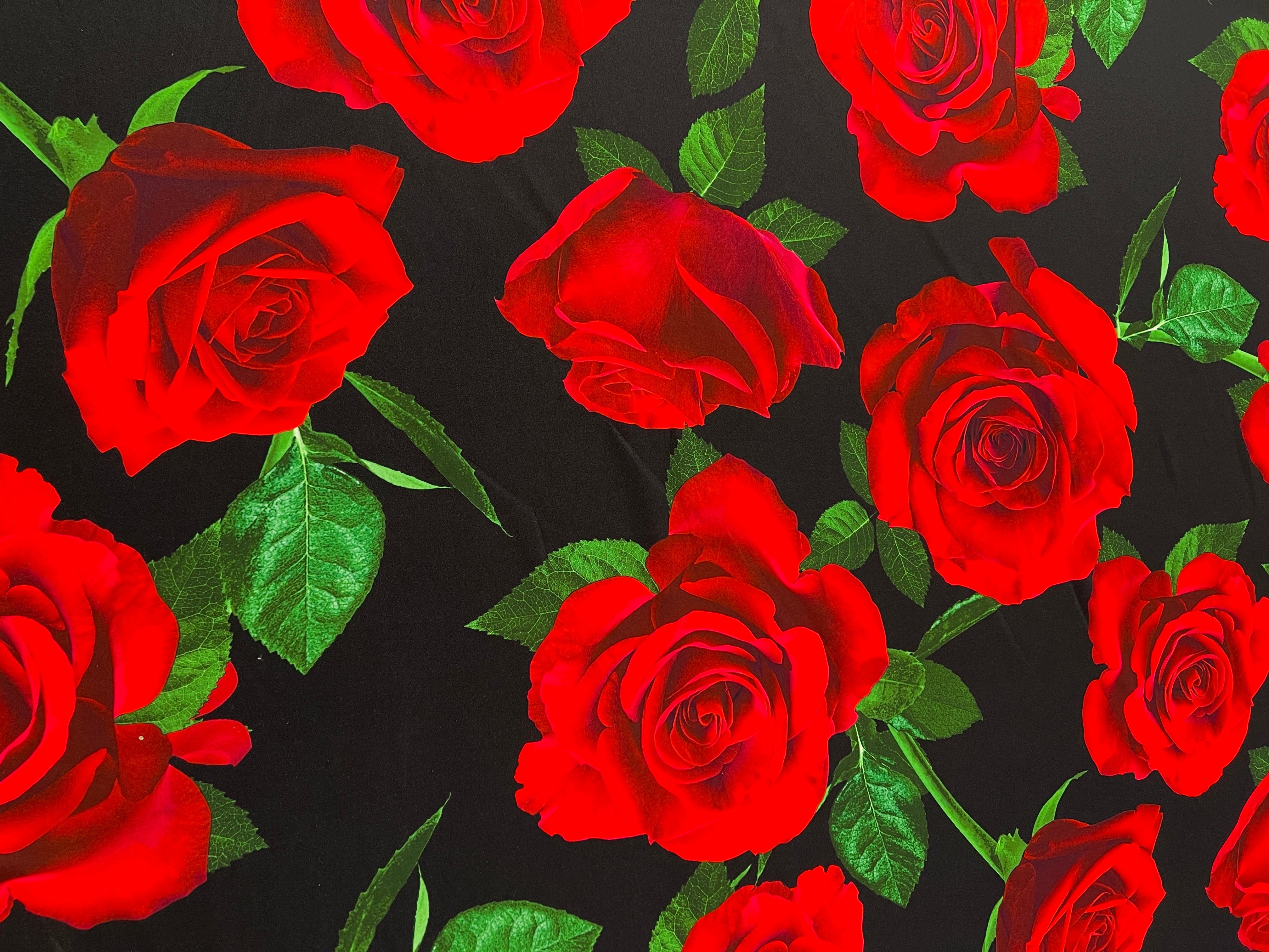 Scarlet Red Rose Floral Scuba Crepe Fabric – Black & Green