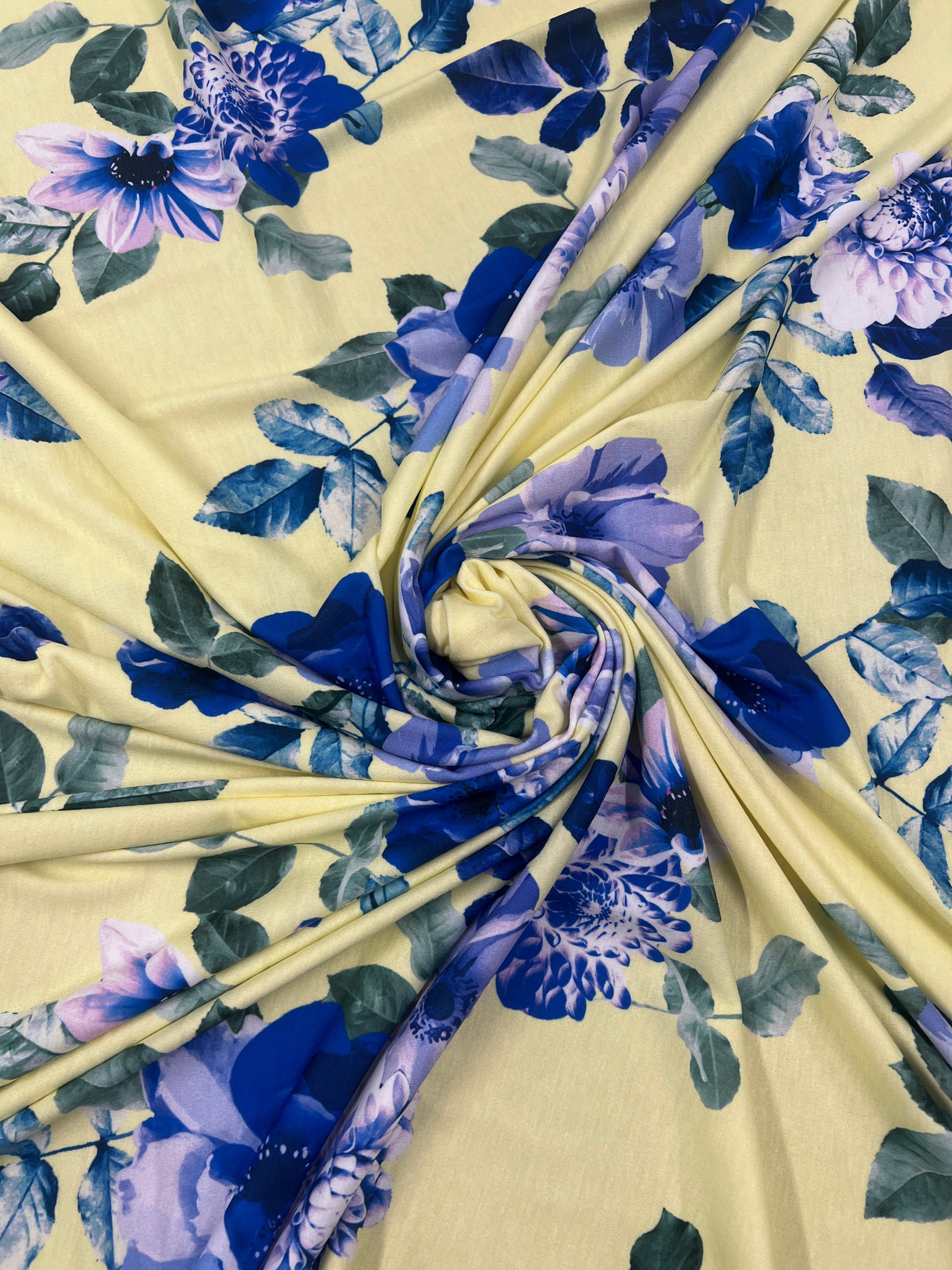 Lemon Yellow Blue Floral Single Jersey Fabric Dressmaking