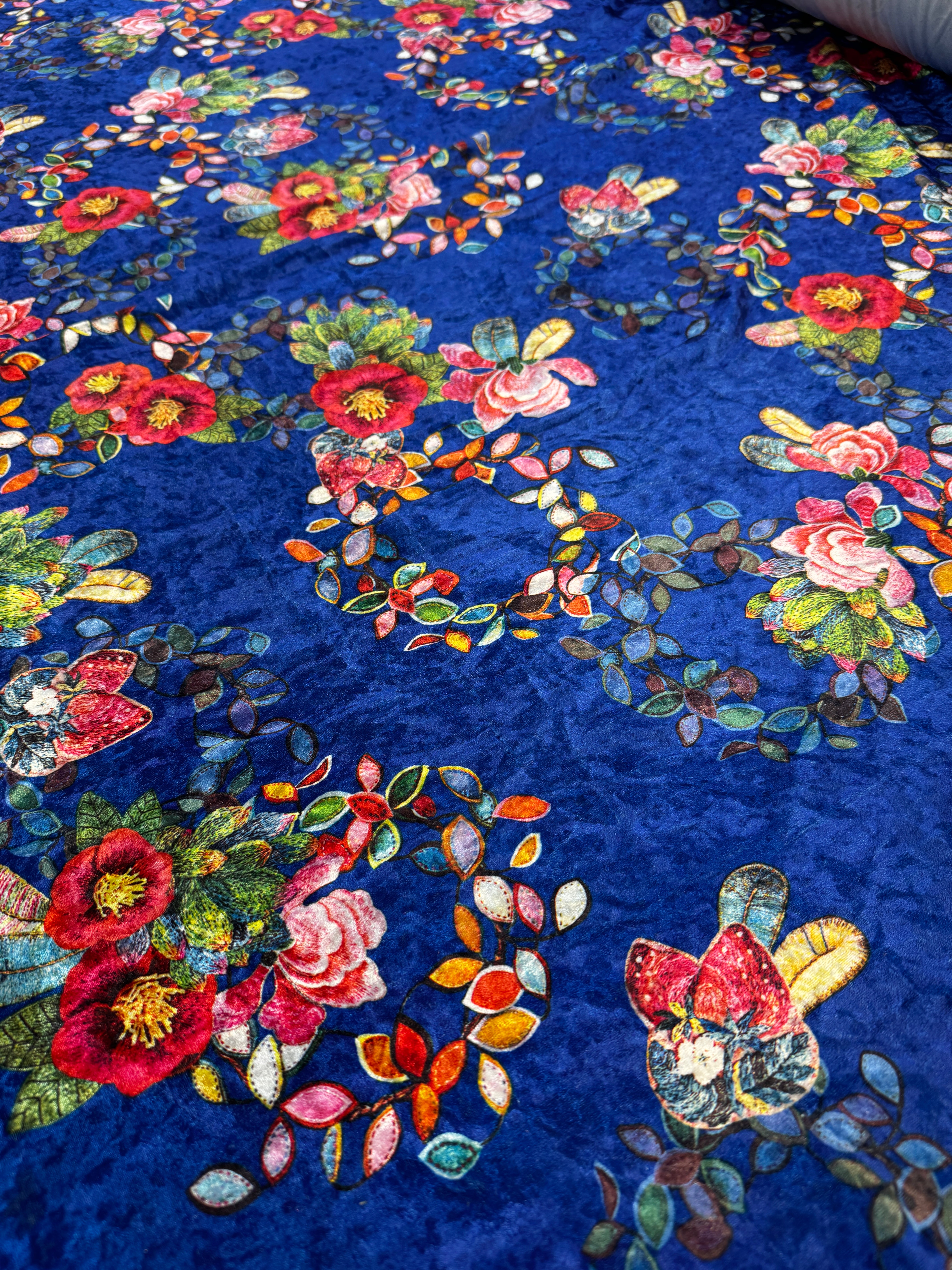 Royal Blue Floral Crushed Velvet Fabric – Multicolour Botanical Velvet, 154cm Wide Luxury Dress Fabric
