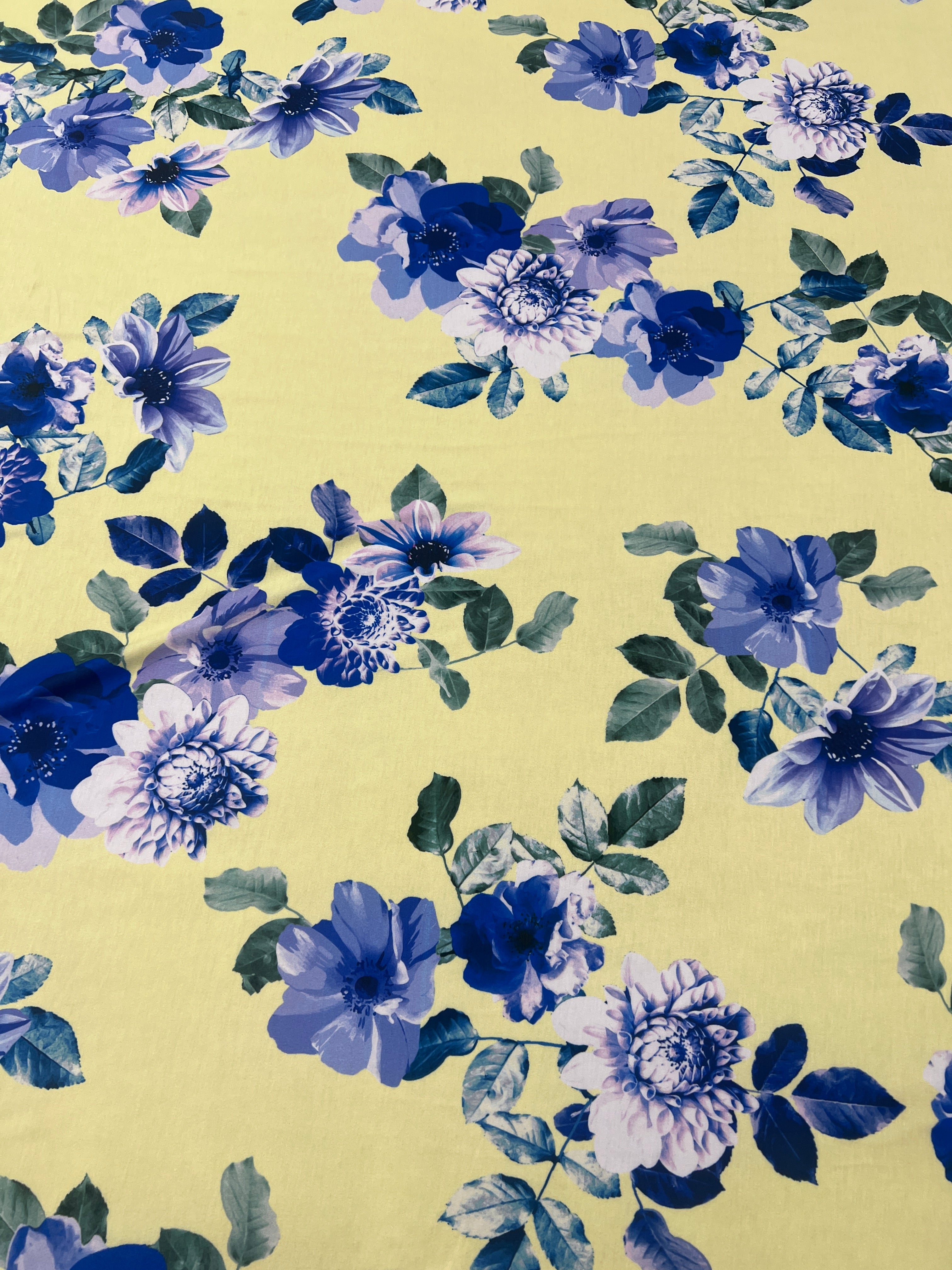 Lemon Yellow Blue Floral Single Jersey Fabric Dressmaking