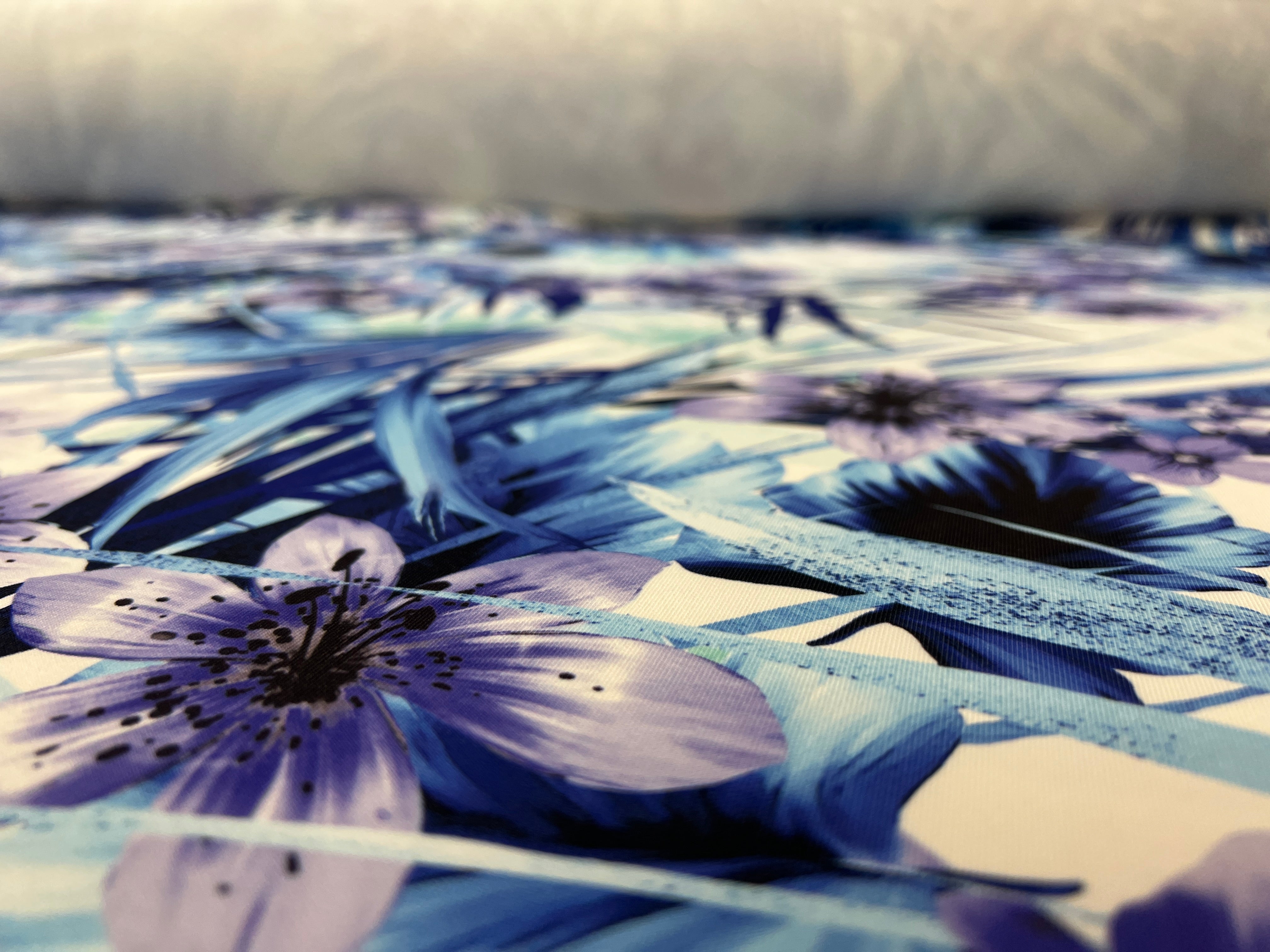 Blue Tropical Floral Scuba Fabric – Lilies & Palm Leaf Print