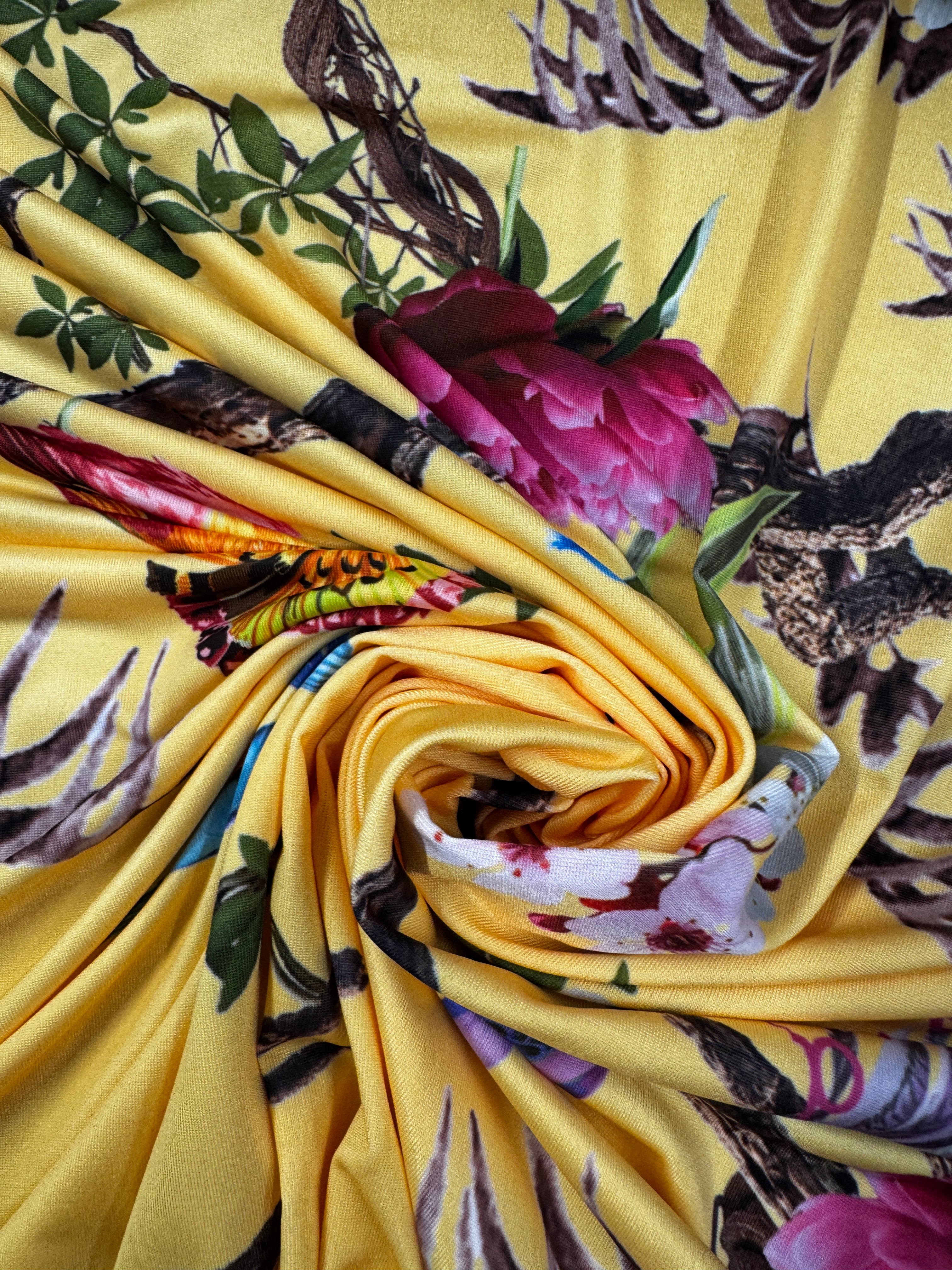 Yellow Bird & Blossom Slinky Fabric – Soft Touch Stretch Jersey, 147cm Wide