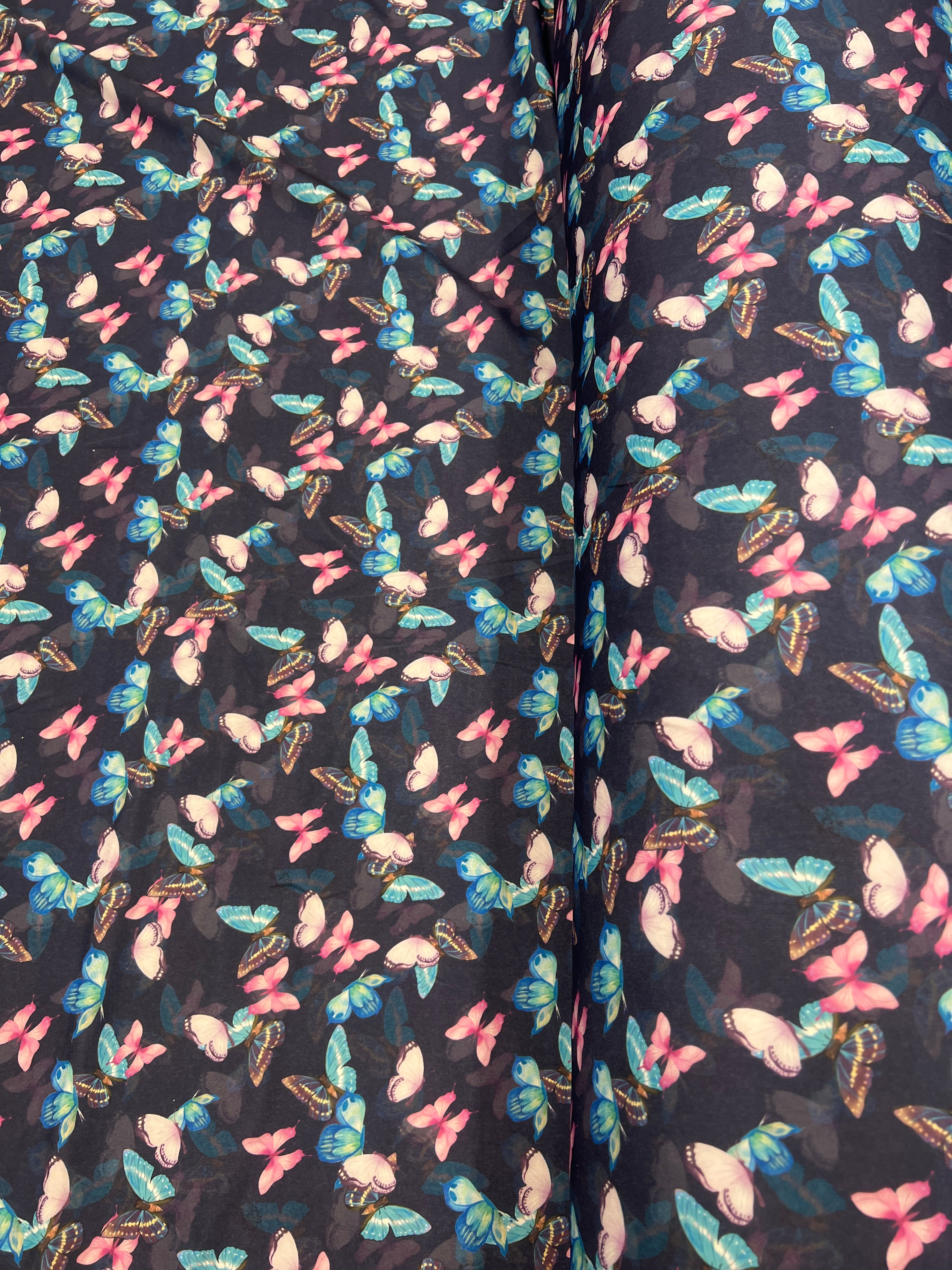 Black Multicolour Butterfly Scuba Crepe Fabric