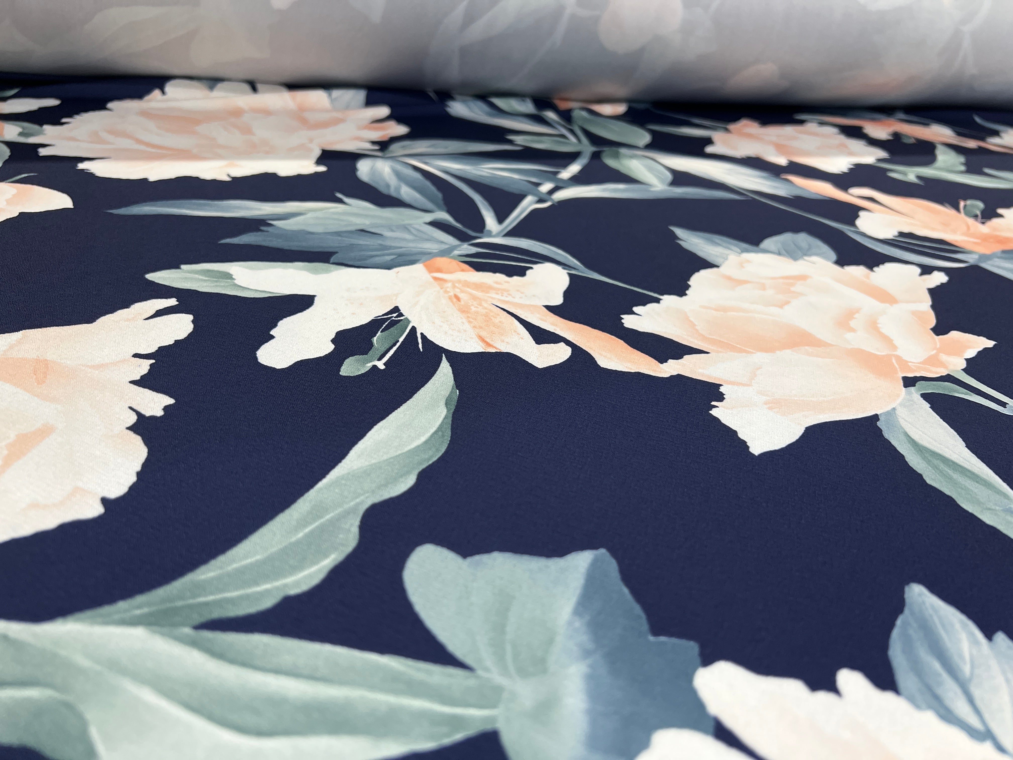 Blush Peony Floral Liverpool Fabric – Navy Blue & Sage