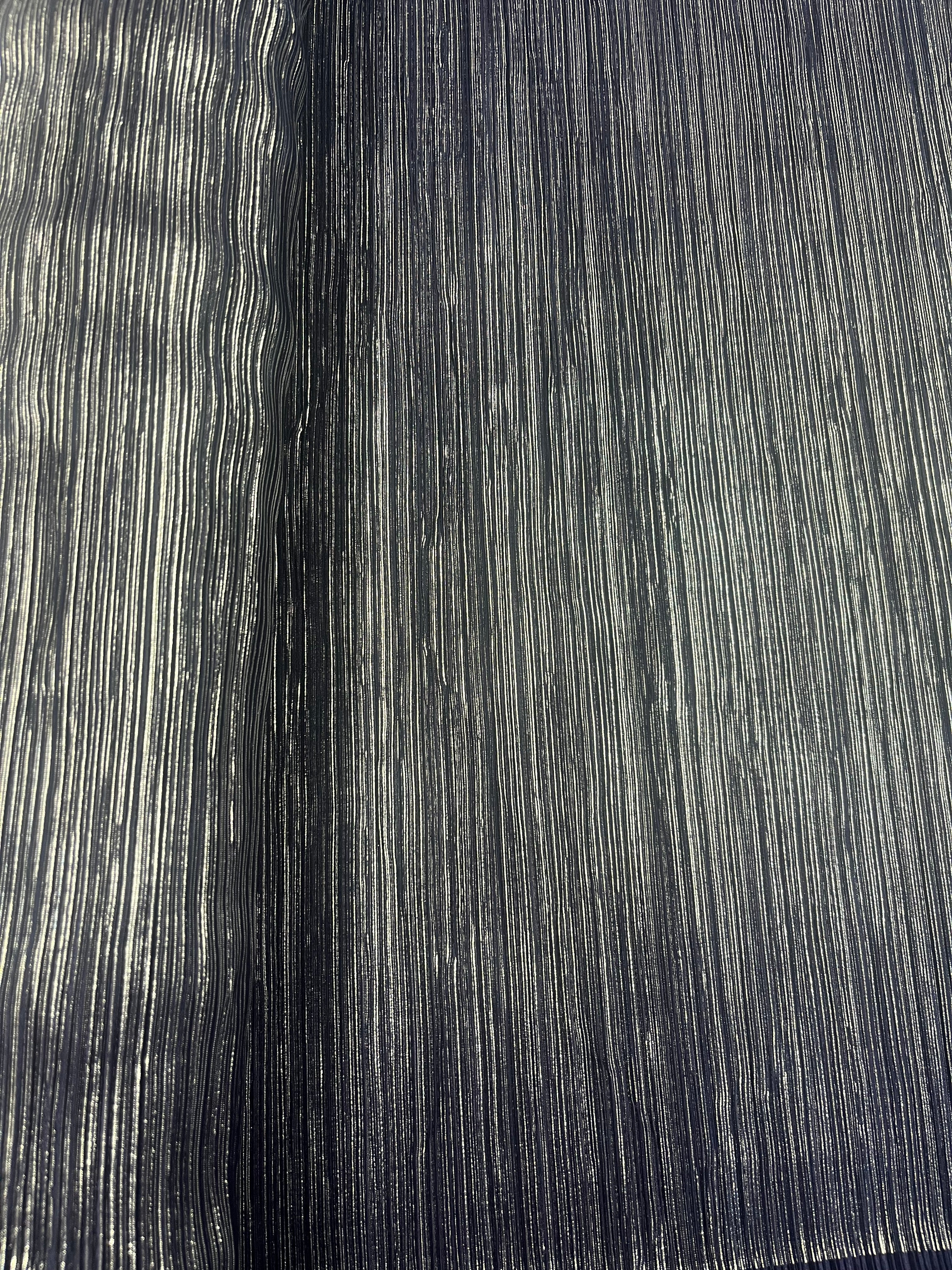 Midnight Navy & Silver Shimmer Metallic Plissé Fabric – fine midnight navy pleats with silver metallic shimmer