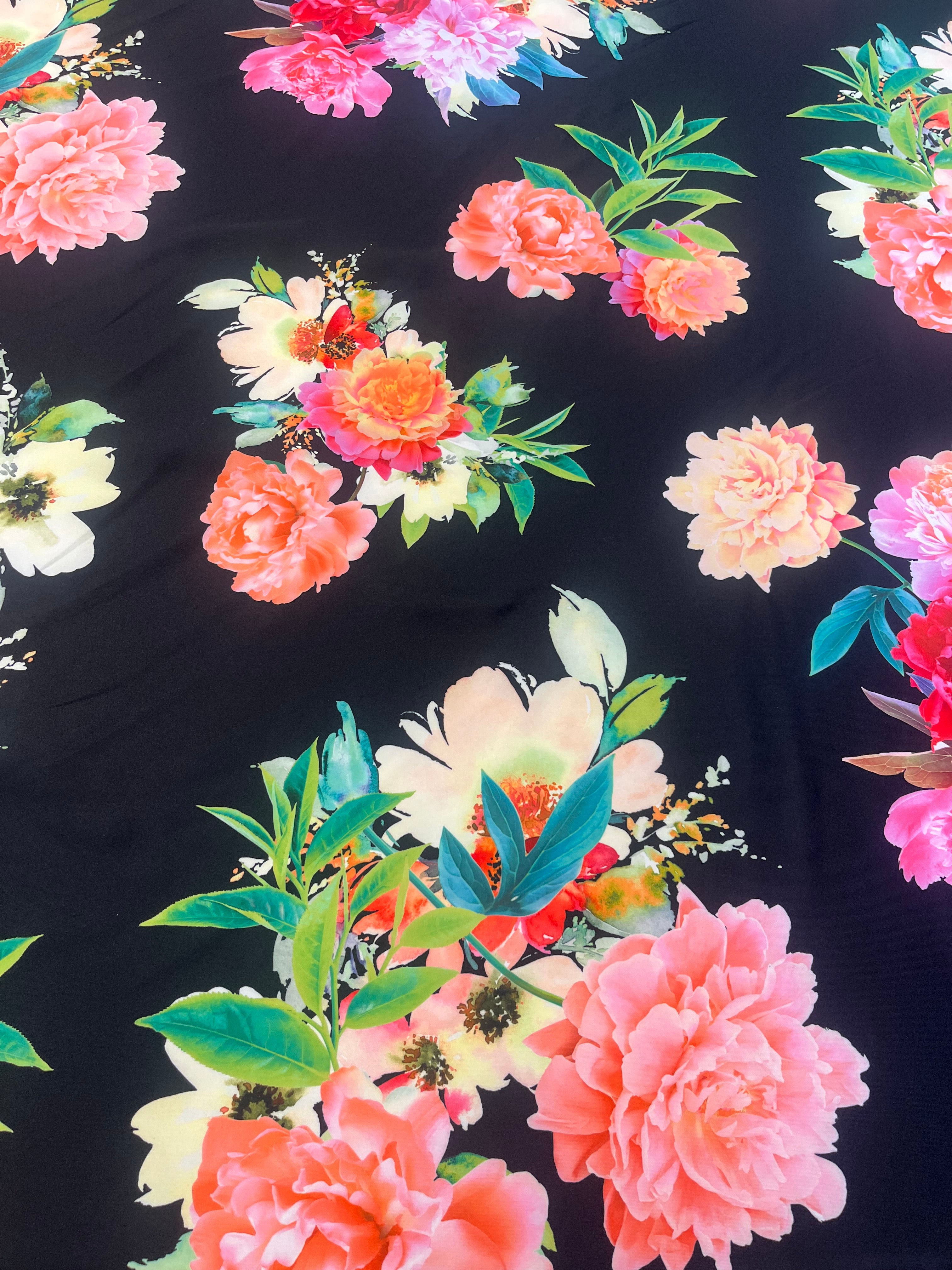 Black Peony Floral Print Scuba Fabric – Vibrant Garden Bloom