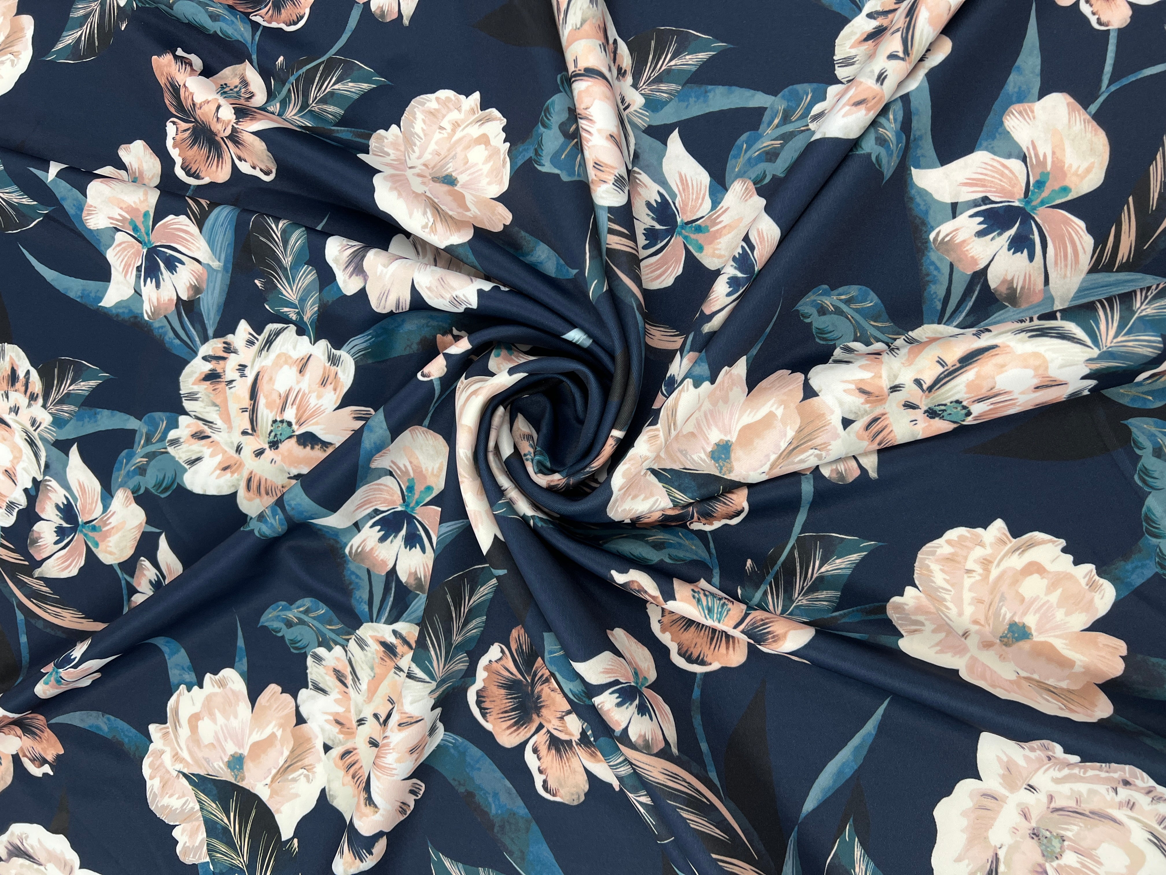 Peach Blossom Floral Scuba Fabric – Navy Blue & Teal