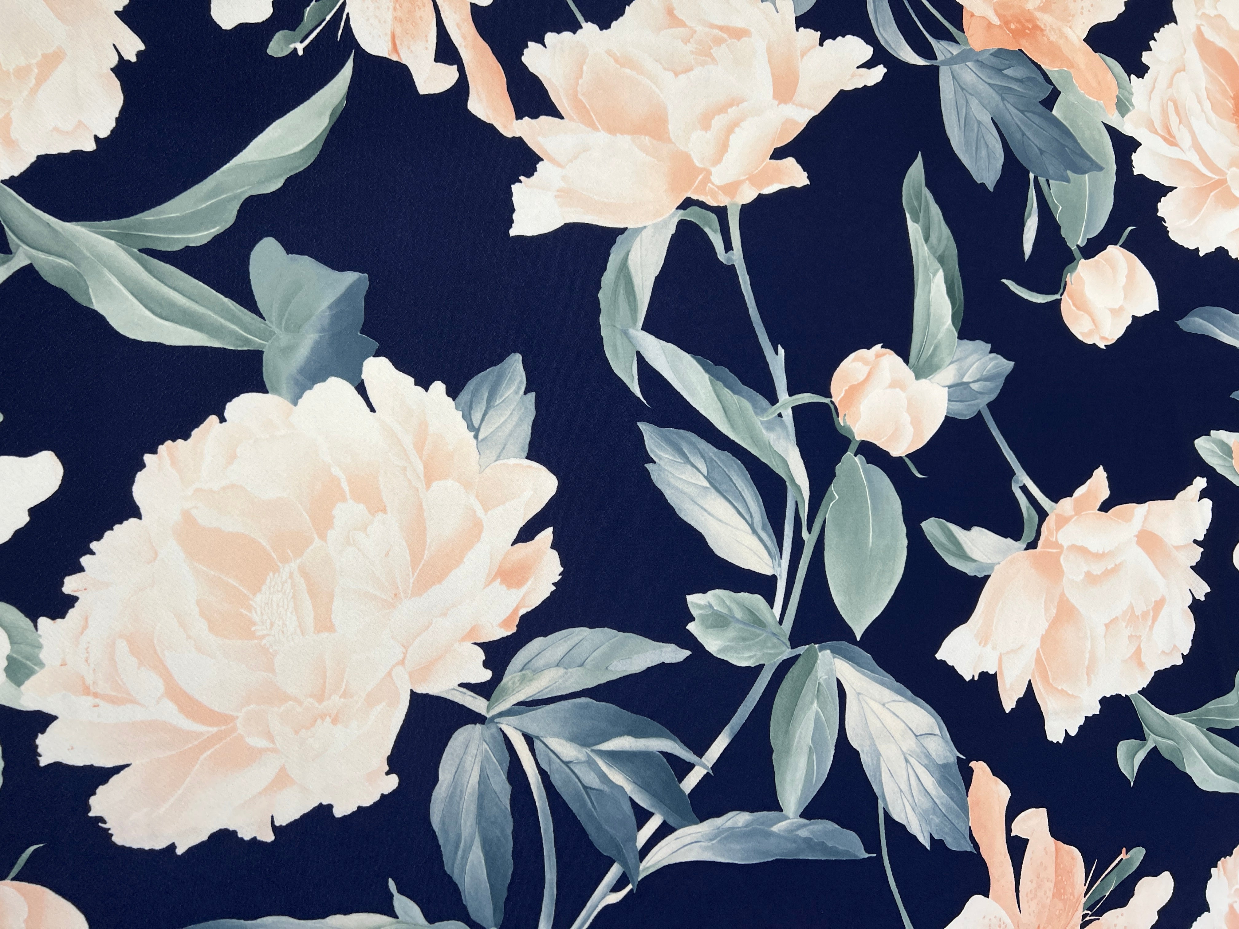 Blush Peony Floral Liverpool Fabric – Navy Blue & Sage