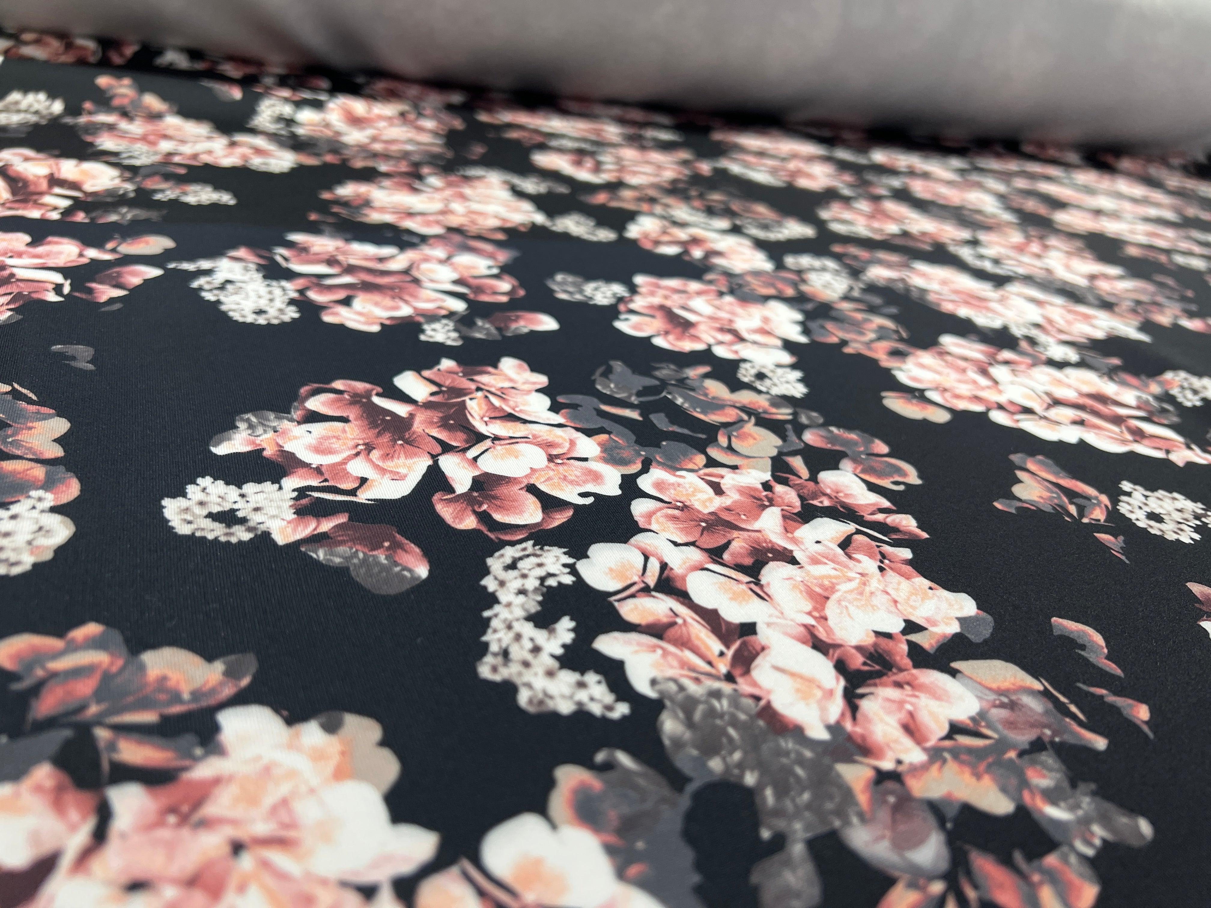 Blush Hydrangea Floral Scuba Fabric – Black, Pink & Ivory
