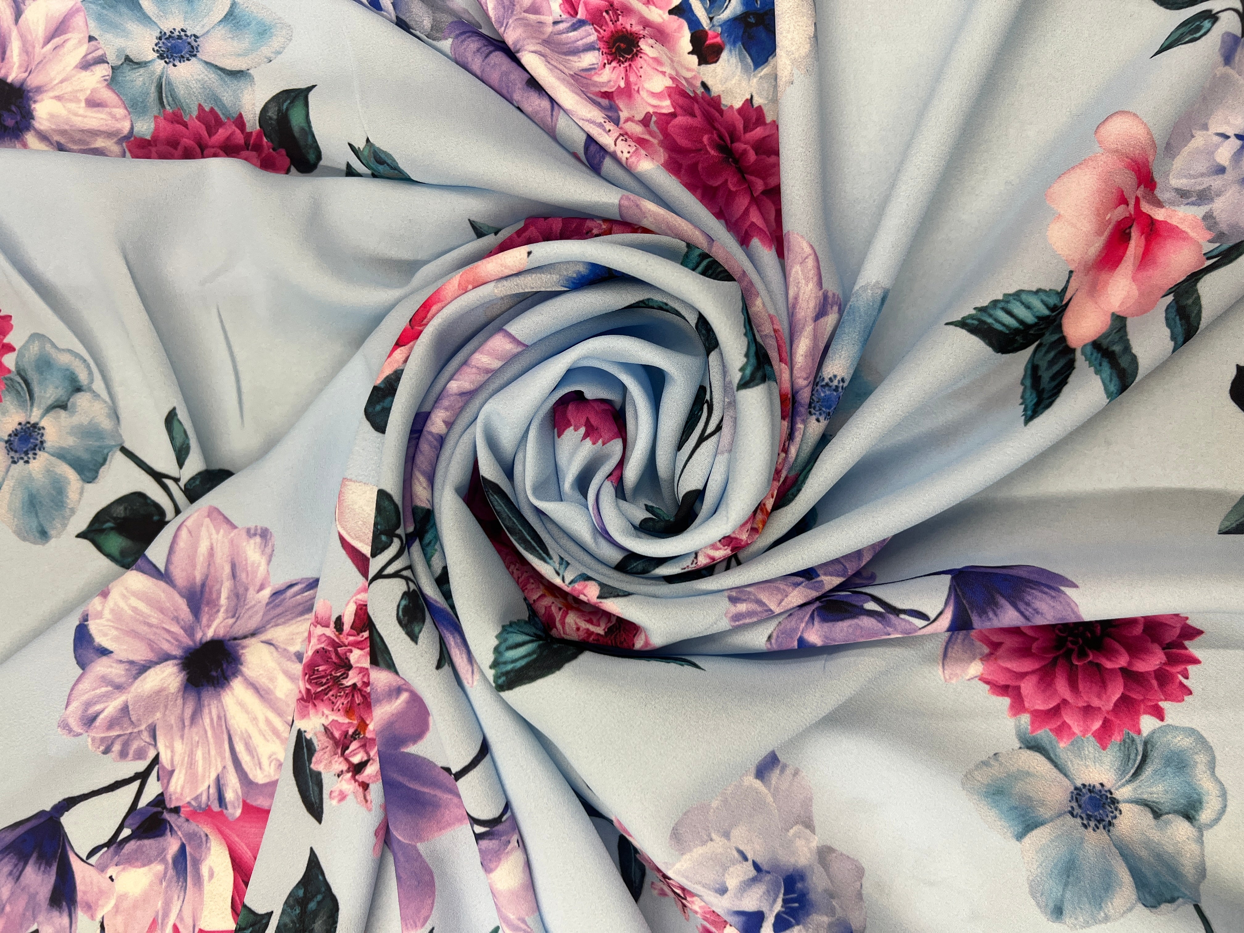 Blue Floral Chiffon Fabric Soft Lightweight Dress Material Summer 147cm Wide