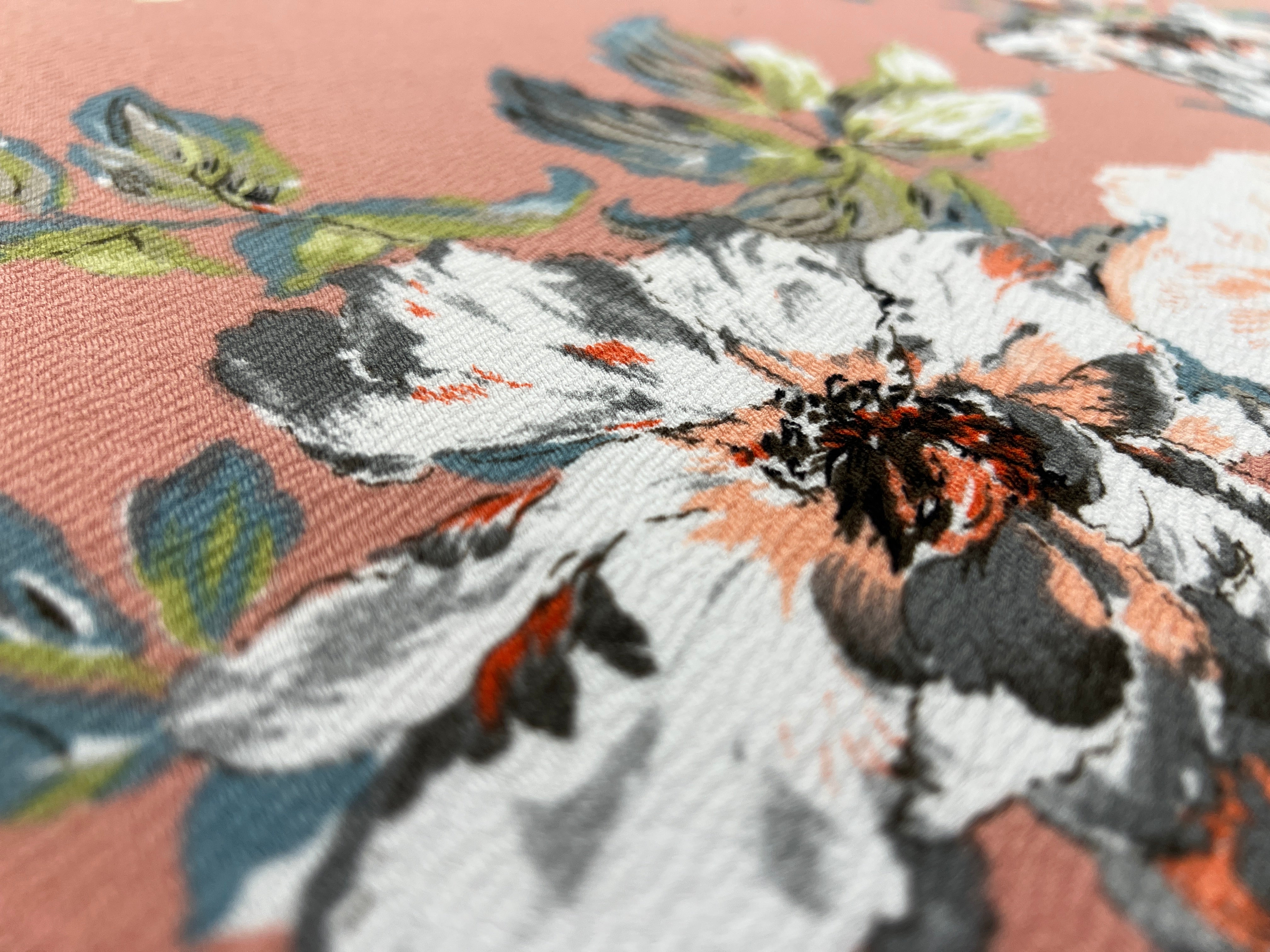 Dusty Rose & Ivory Painterly Floral Liverpool Knit Fabric – ivory and charcoal painterly flowers with sage leaves on a dusty rose ground