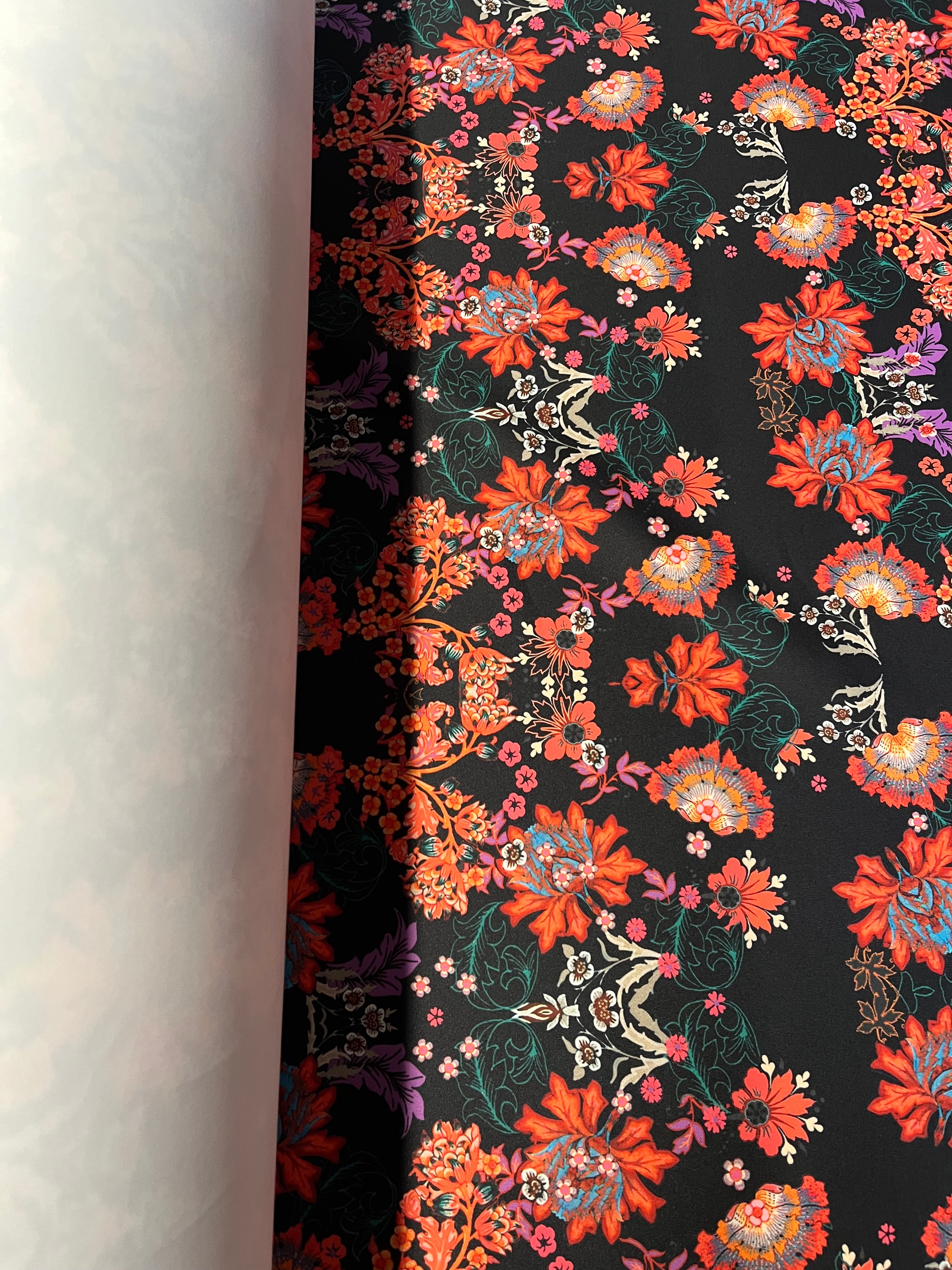 Black Floral Scuba Fabric – Red & Multicolor Floral Stretch Scuba Material for Dresses & Statement Apparel 130cm