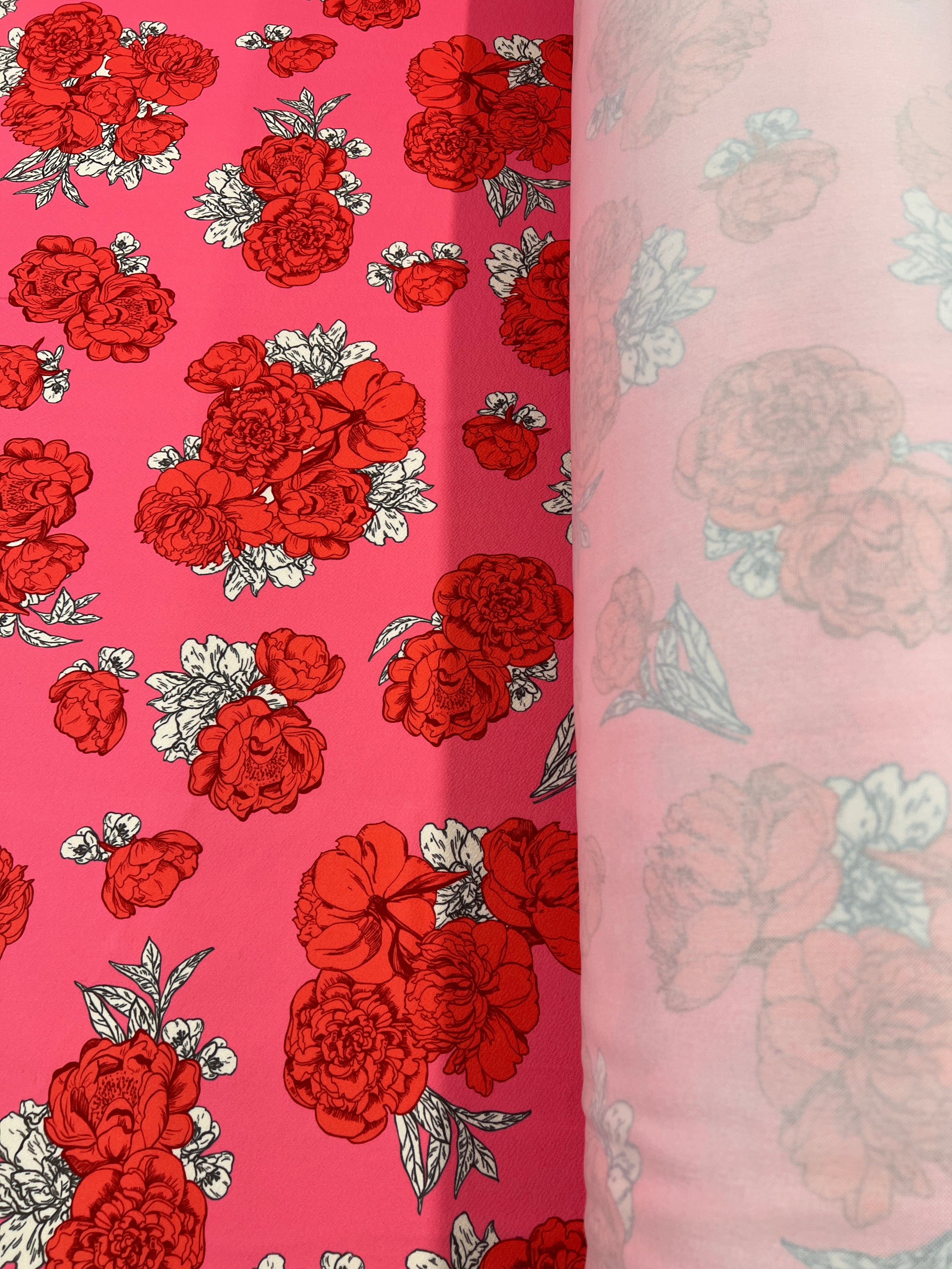 Pink & Red Rose Floral Print Liverpool Fabric