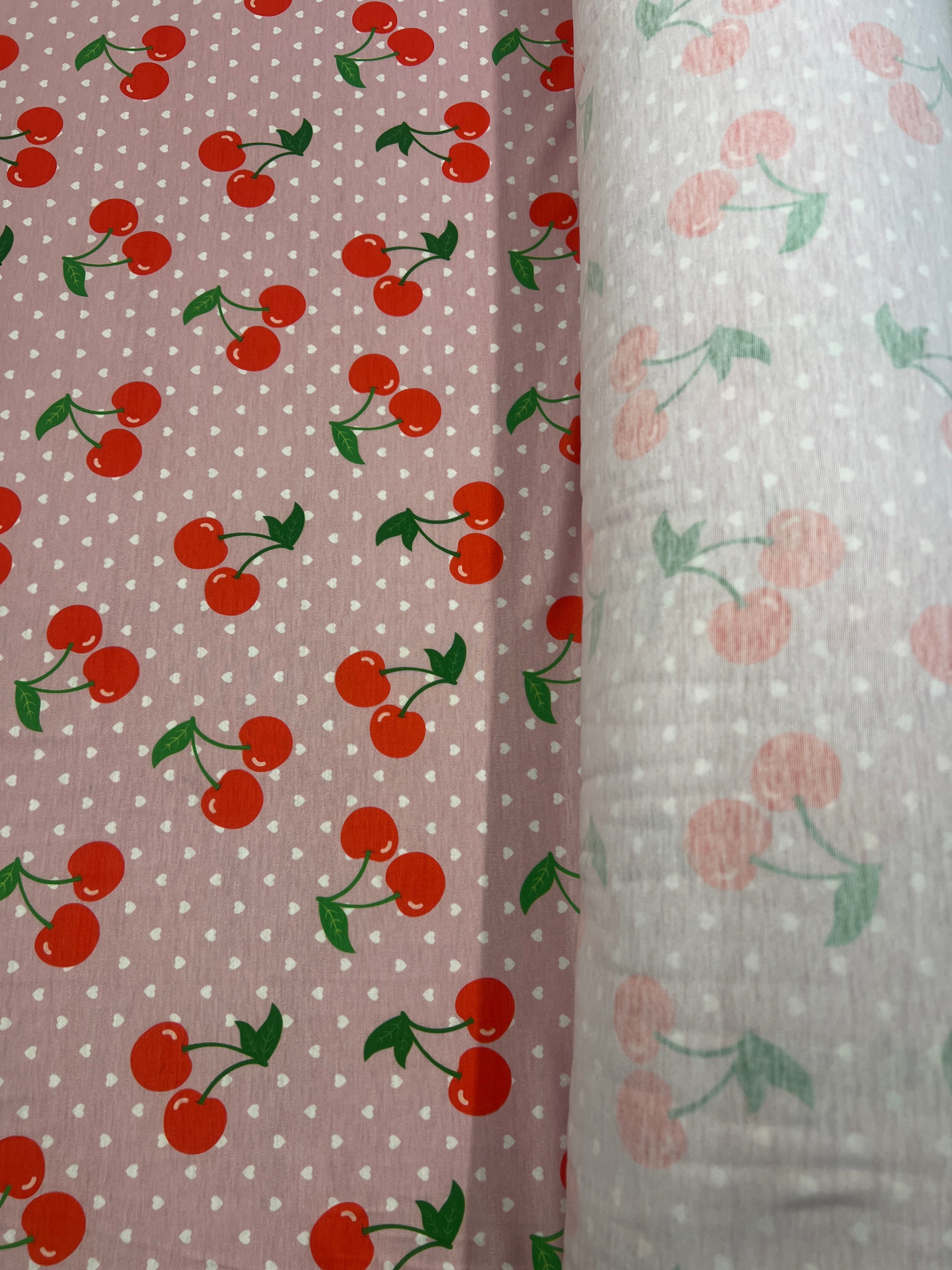 Pink Cherry & Heart Print Spun Polyester Fabric
