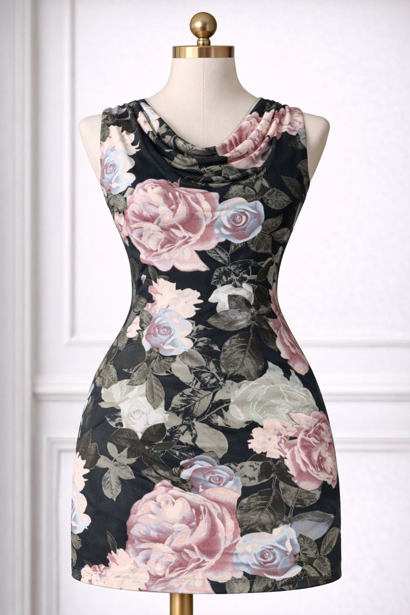 Floral dress on a mannequin against a white wall
