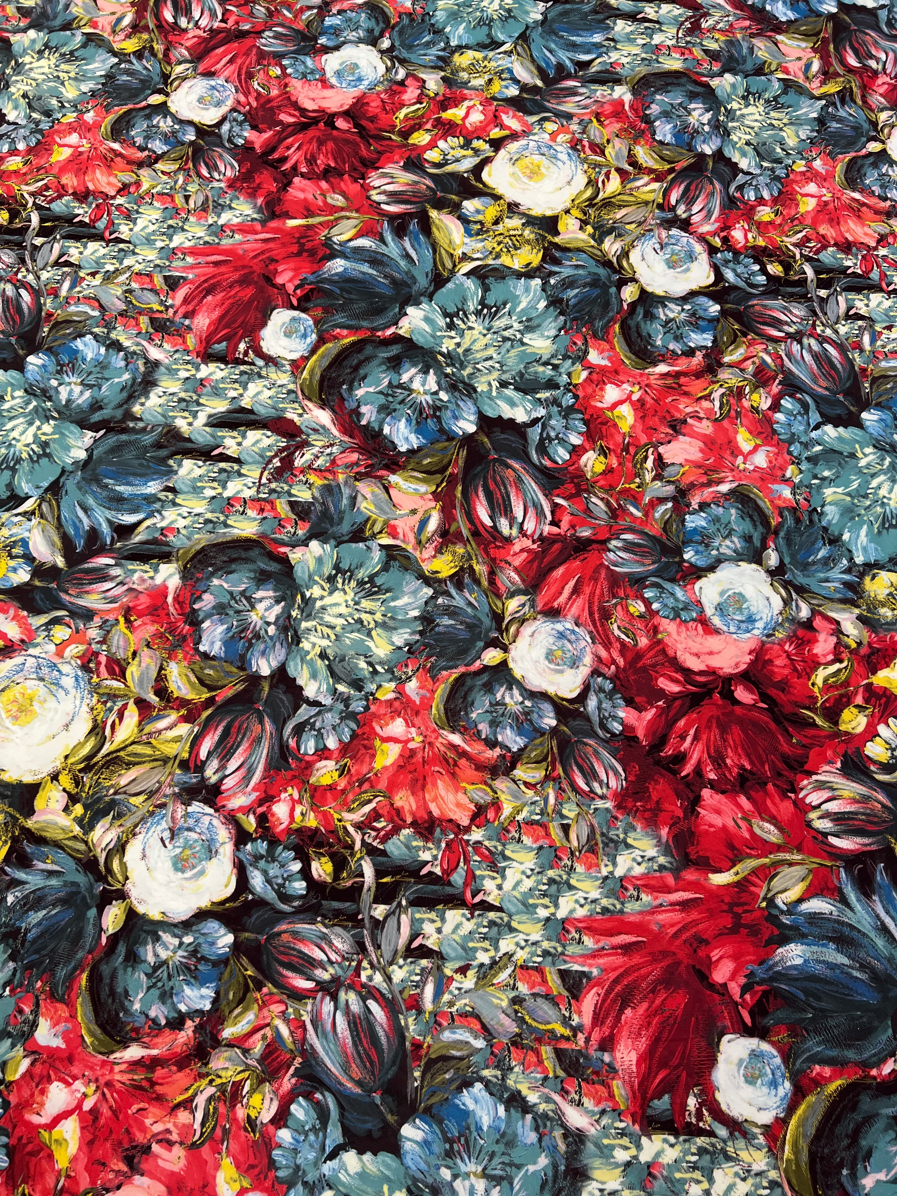 Abstract Floral Lightweight Scuba Fabric – Red Blue & Black Flower Print