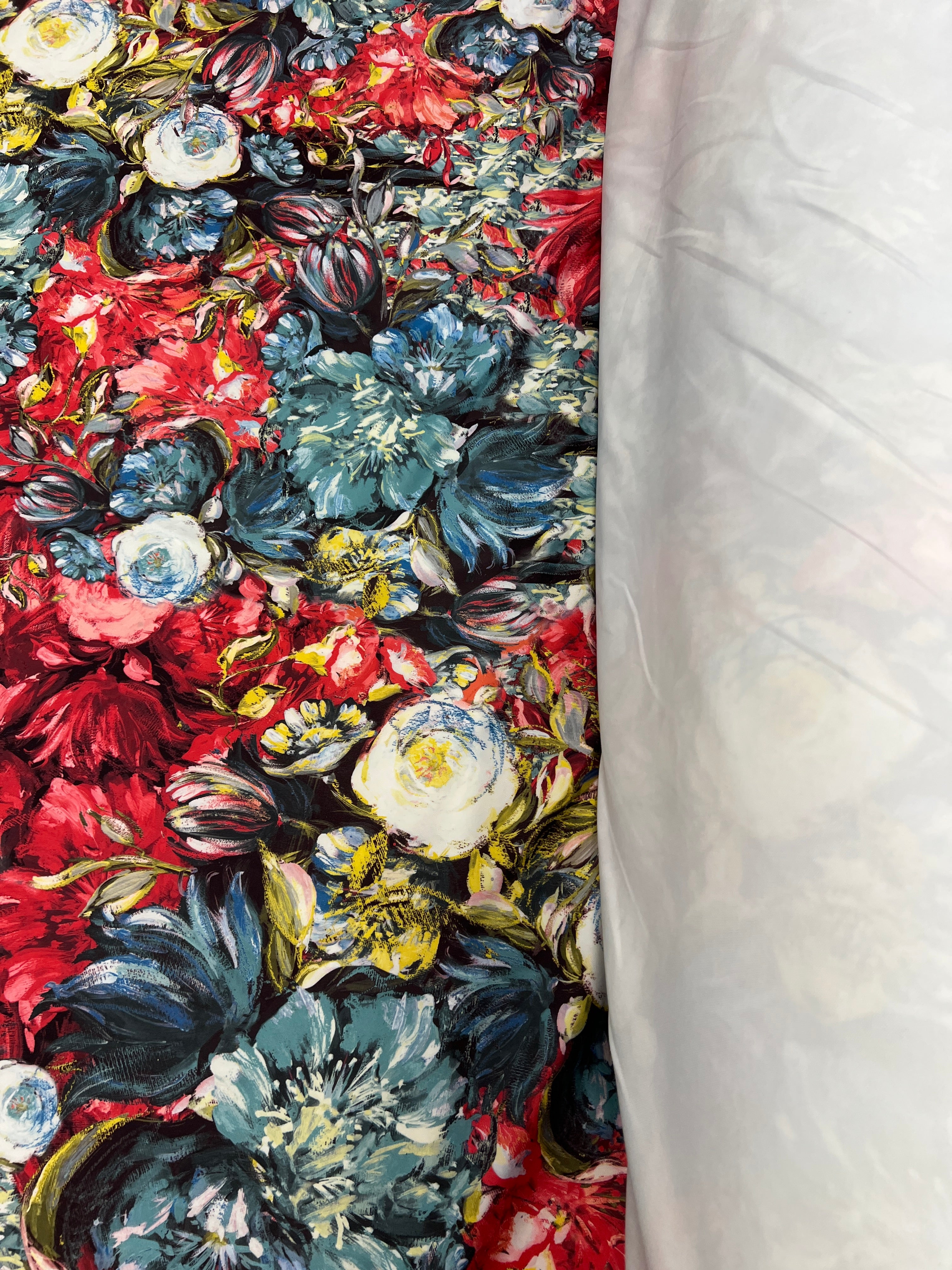 Abstract Floral Lightweight Scuba Fabric – Red Blue & Black Flower Print