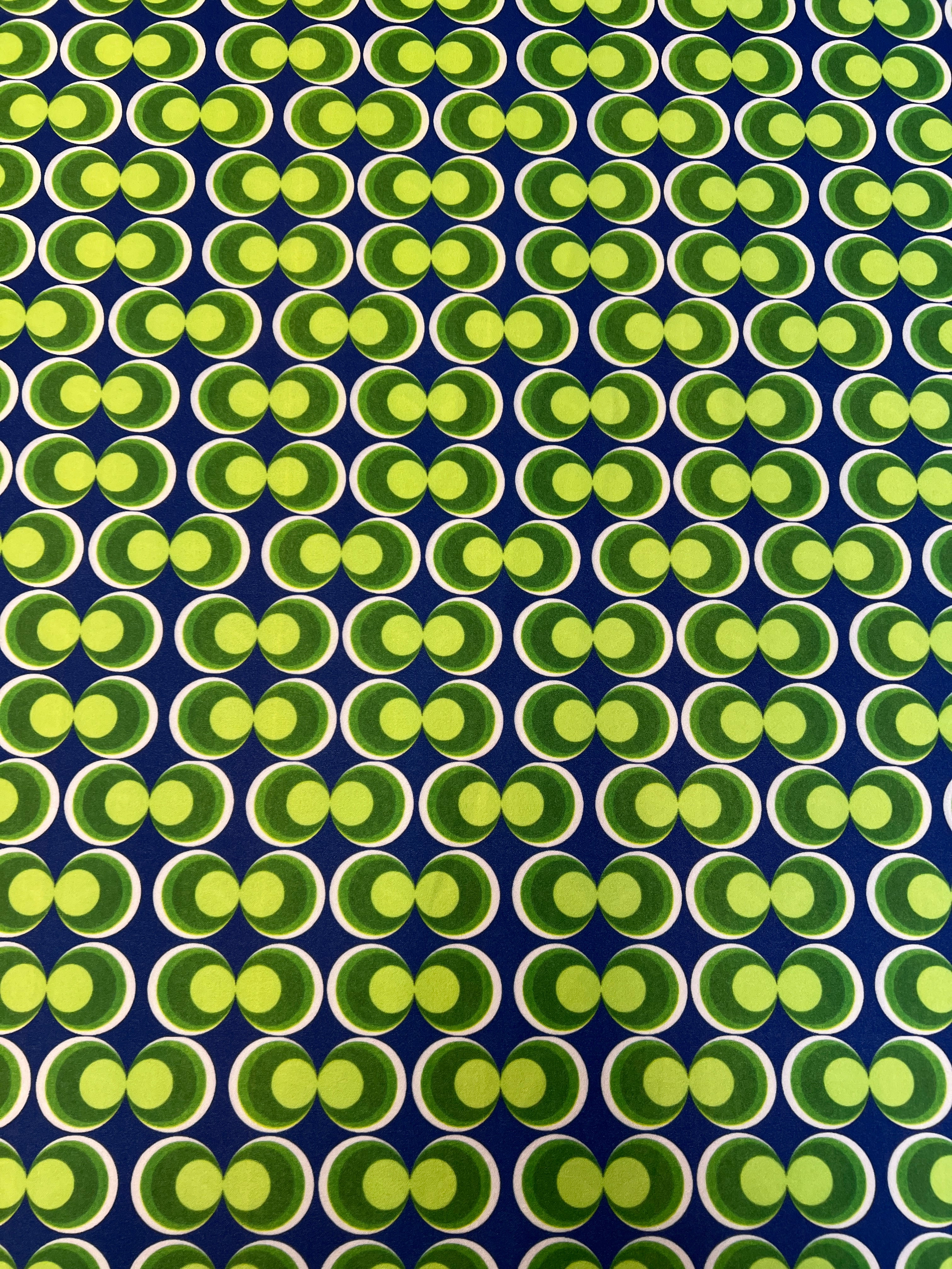 Retro Geometric Scuba Crepe Fabric – Blue & Green Circle Print Stretch Fabric, 153cm Wide