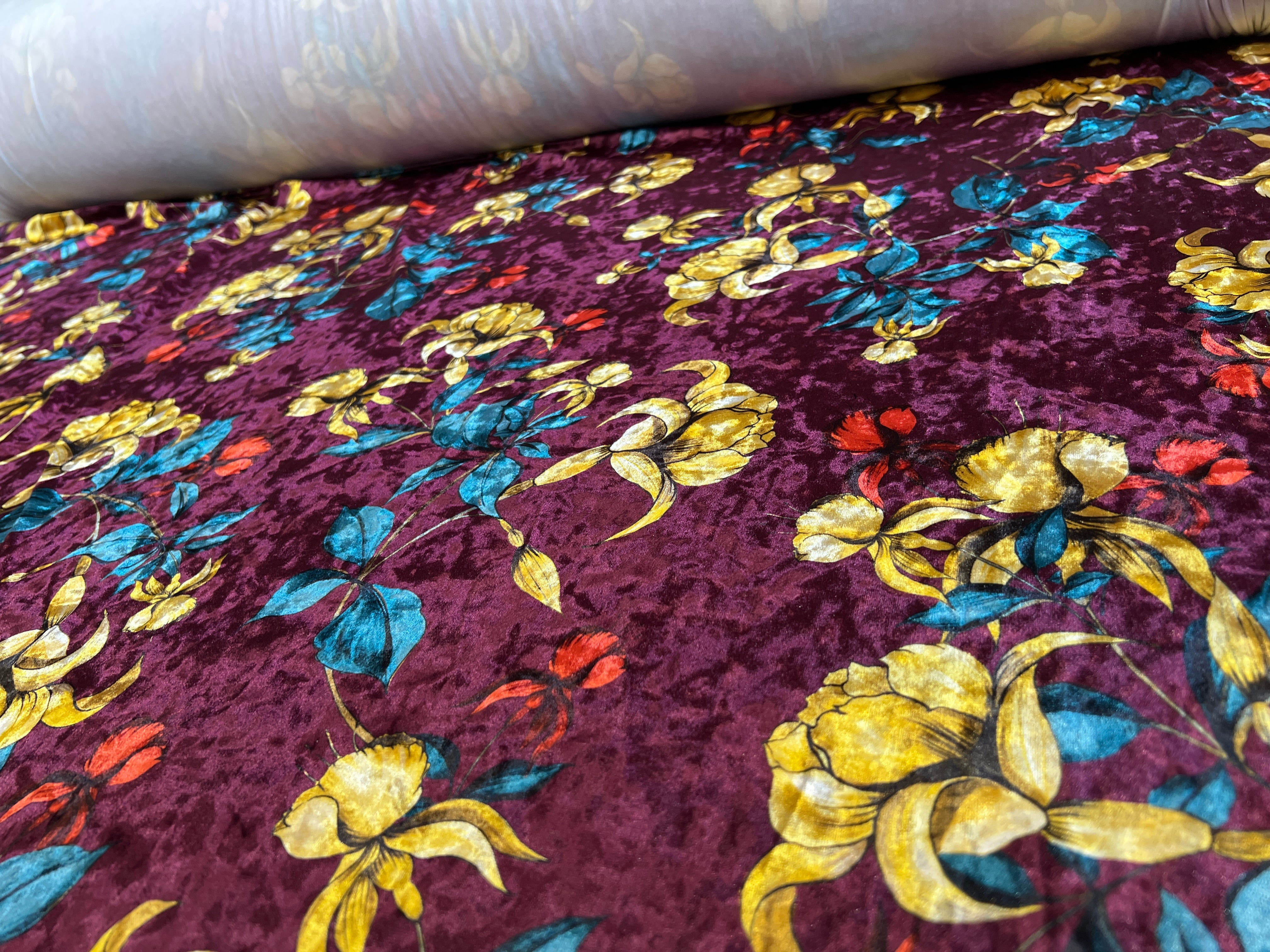 Golden Iris Floral Velvet Fabric – Burgundy, Teal & Gold