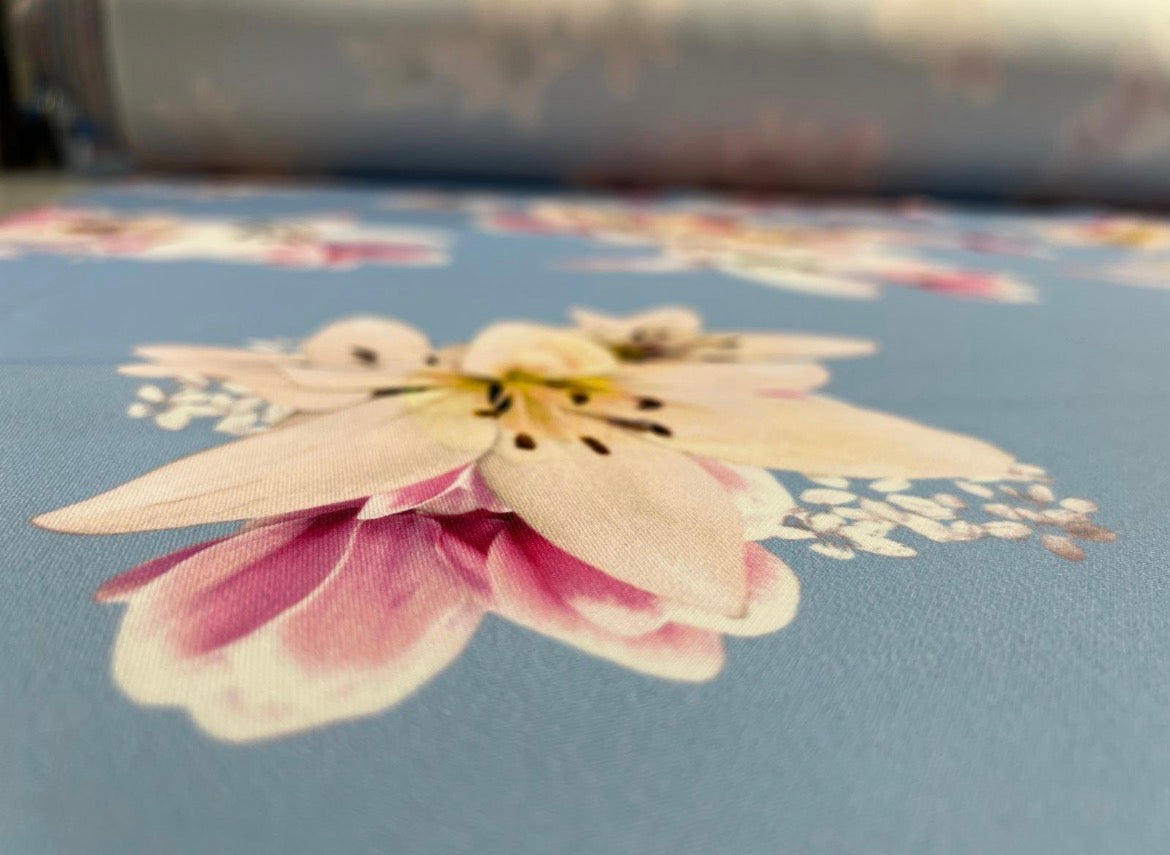 Powder Blue Lily Floral Scuba Crepe Fabric - Pink & Cream