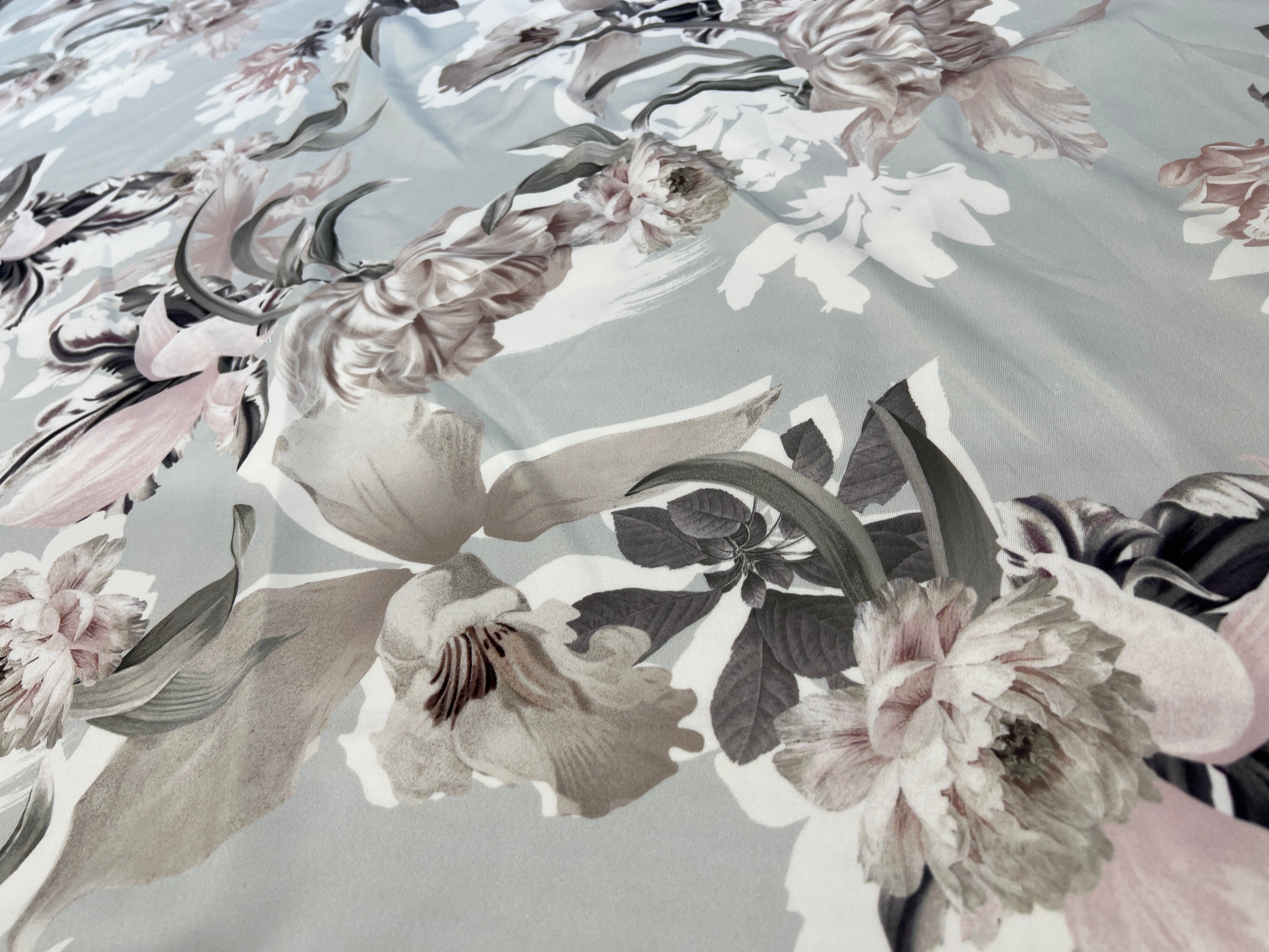 Soft Blush Botanical Floral Scuba Fabric – Pale Grey & Pink