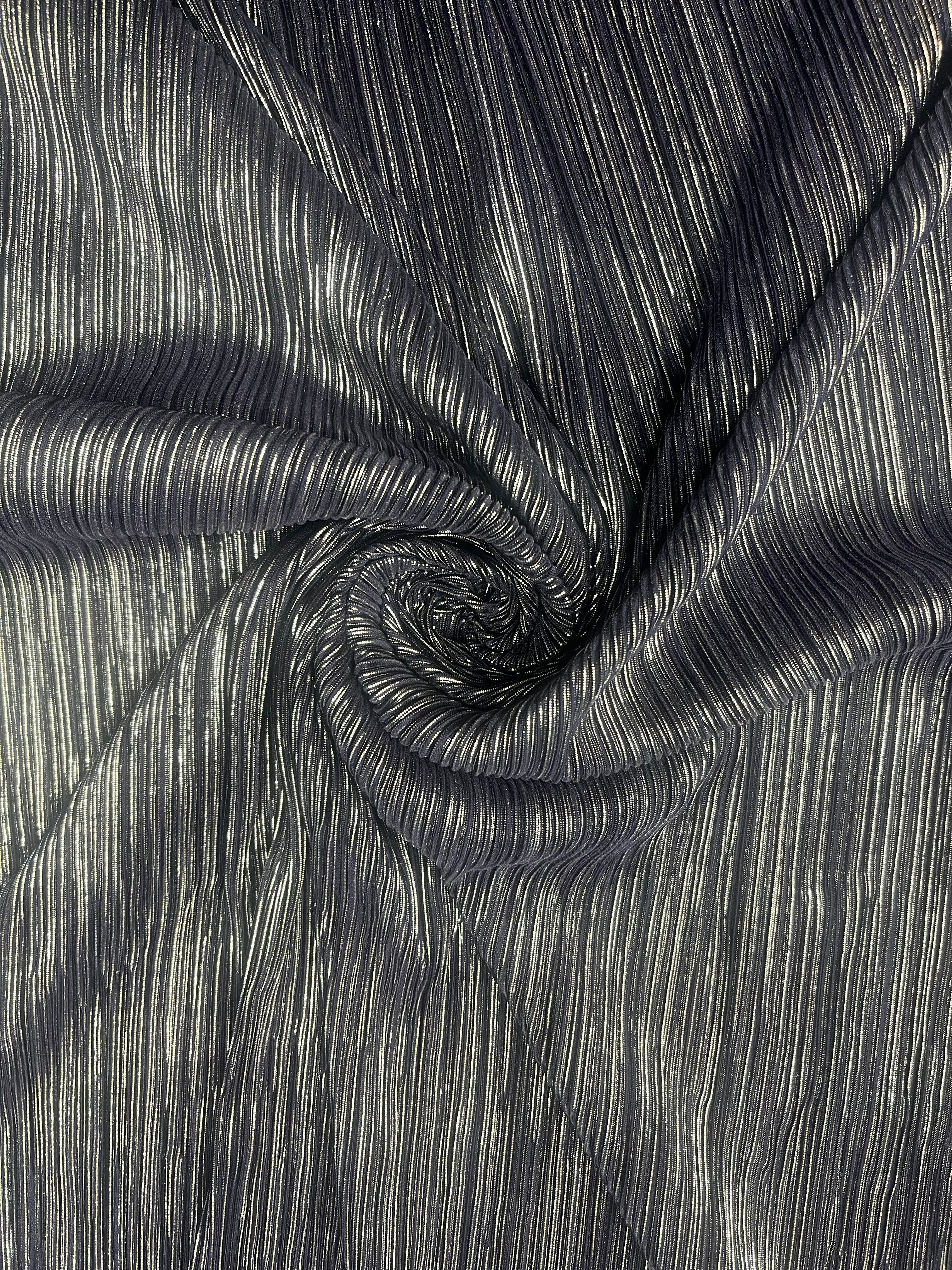 Midnight Navy & Silver Shimmer Metallic Plissé Fabric – fine midnight navy pleats with silver metallic shimmer